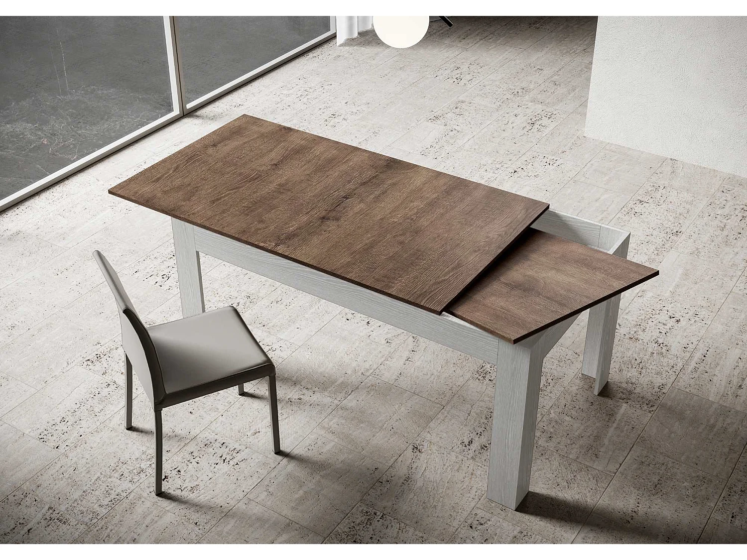 Table extensible 90x120/180 cm Bibi Mix dessus Noyer cadre Frêne Blanc