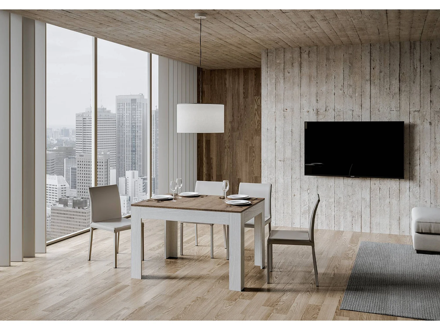 Table extensible 90x120/180 cm Bibi Mix dessus Noyer cadre Frêne Blanc