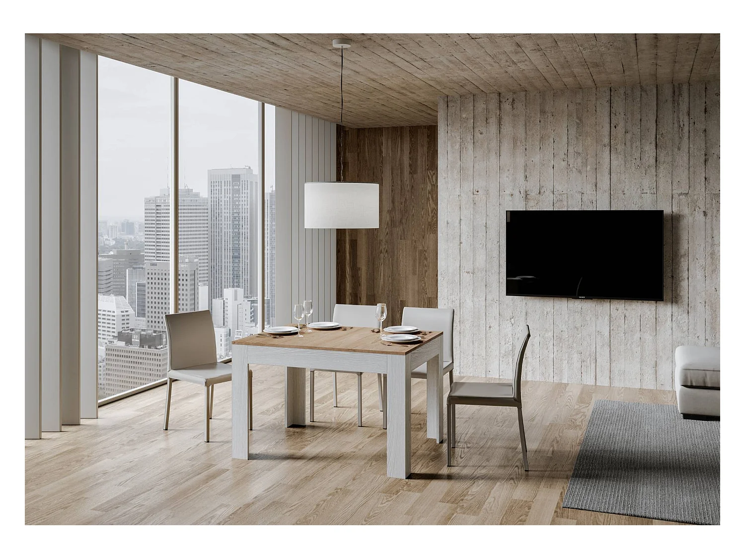 Table extensible 90x120/180 cm Bibi Mix dessus Chêne Nature cadre Frêne Blanc
