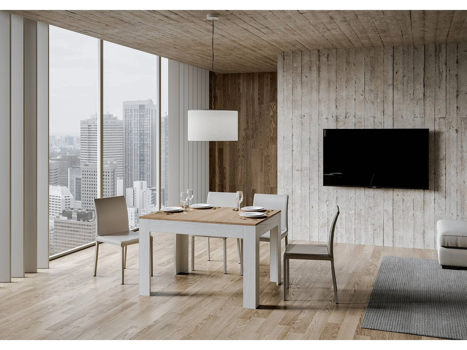 Mesa de jantar extensível 90x120/180 cm Bibi Mix plano Carvalho Natural - estrutura Cinza Branca