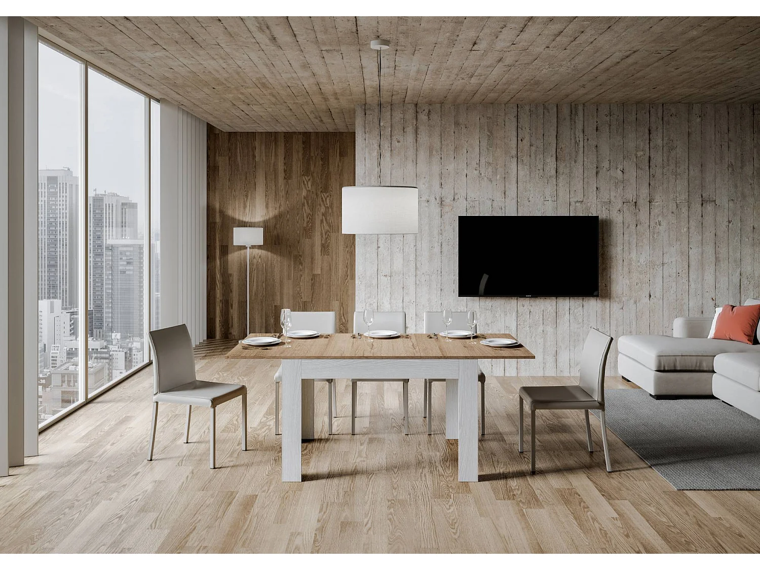 Mesa de jantar extensível 90x120/180 cm Bibi Mix plano Carvalho Natural - estrutura Cinza Branca