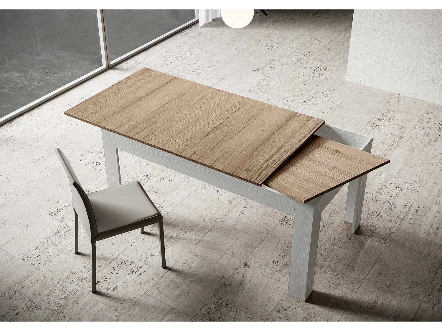 Mesa de jantar extensível 90x120/180 cm Bibi Mix plano Carvalho Natural - estrutura Cinza Branca