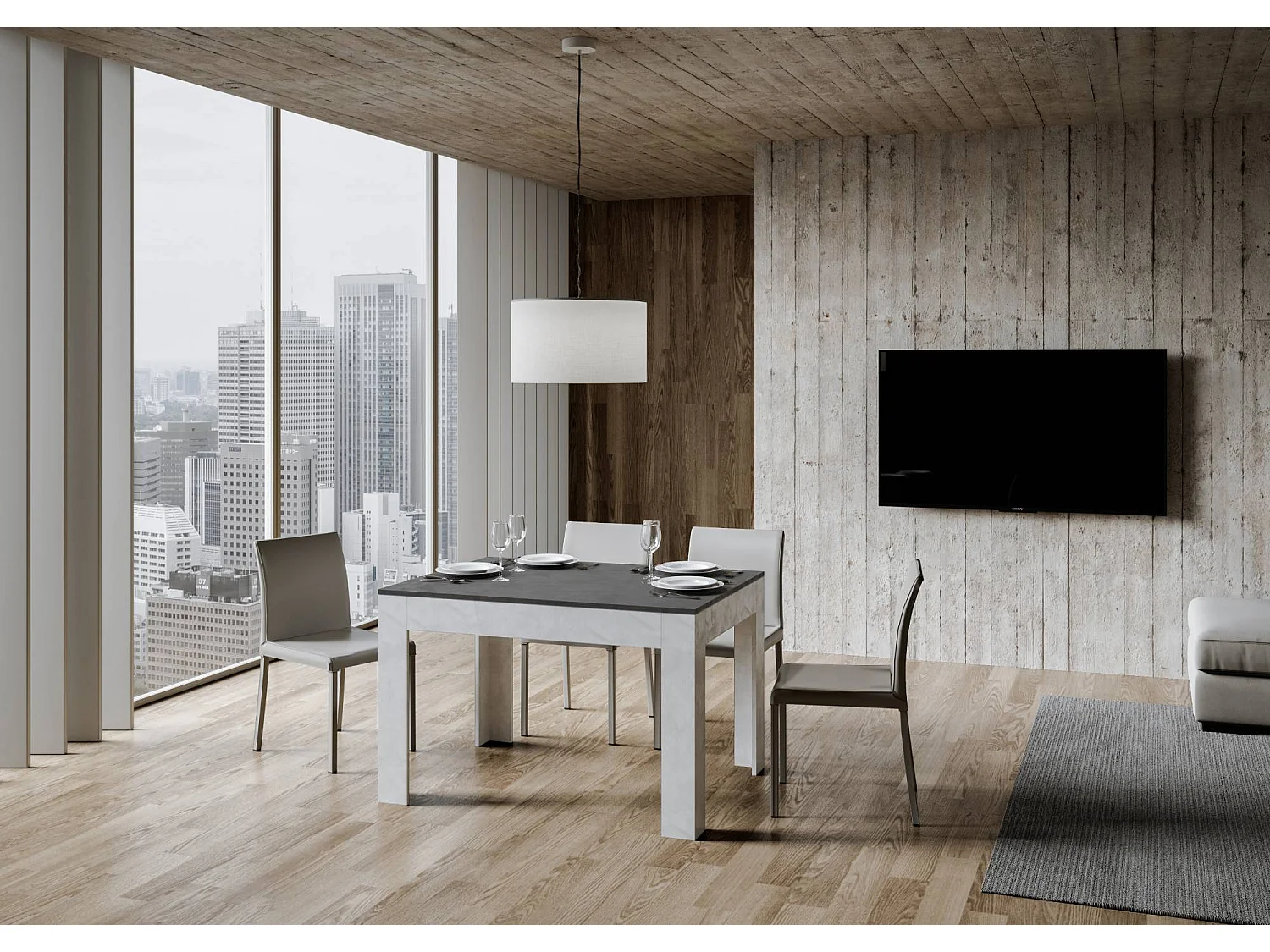 Tavolo allungabile 90x120/180 cm Bibi Mix piano antracite spatolato - base bianco spatolato