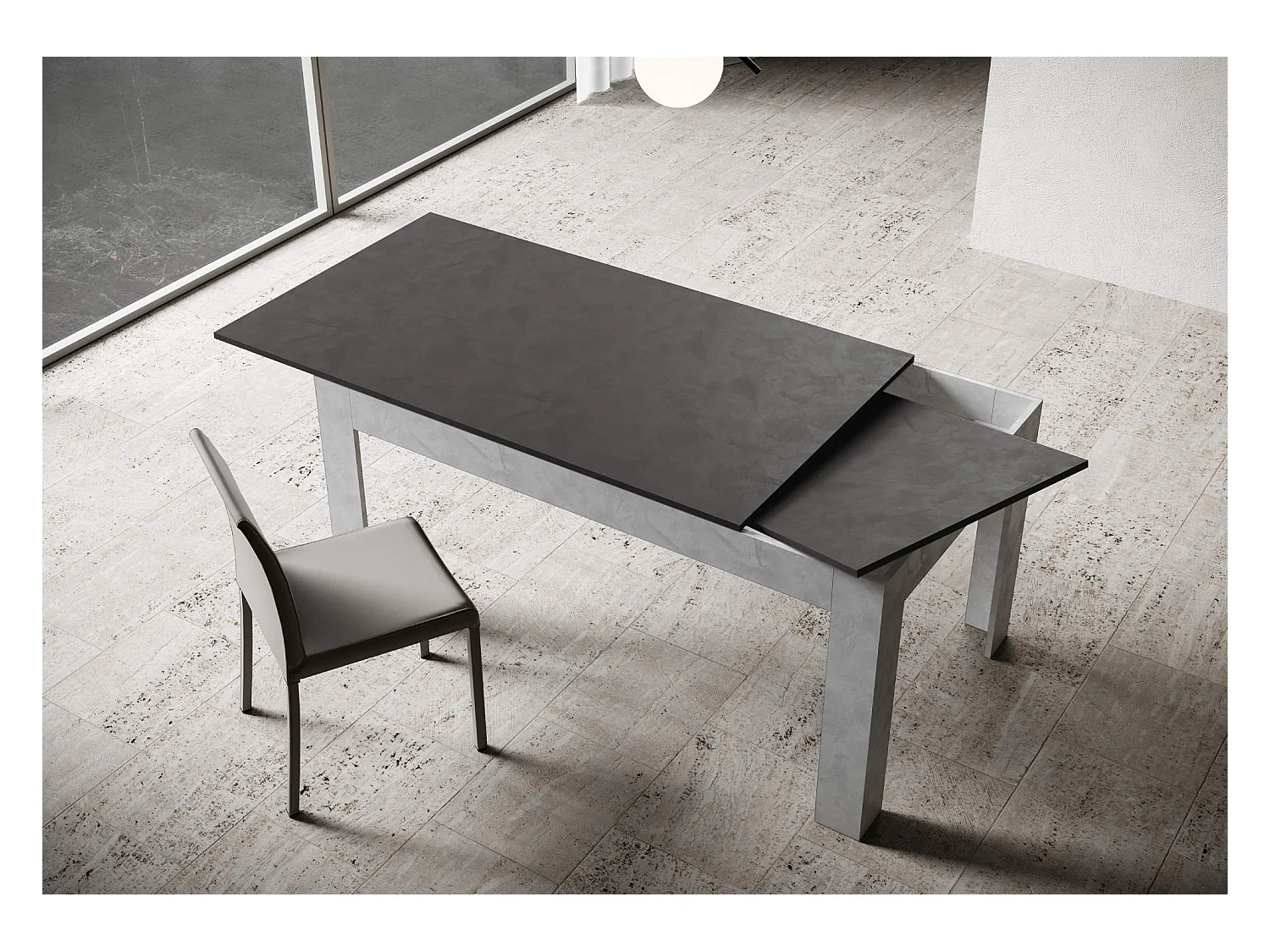 Uitschuifbare tafel 90x120/180 cm Bibi Mix blad structuur antraciet - ondersteuning structuur wit