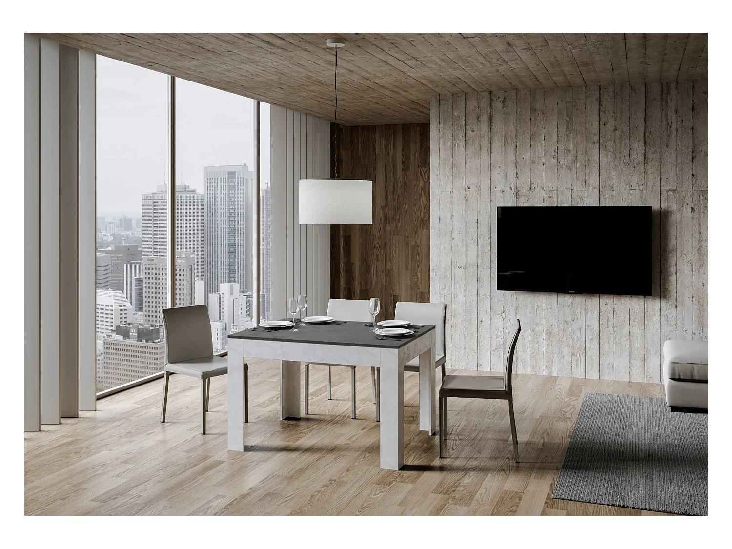 Uitschuifbare tafel 90x120/180 cm Bibi Mix blad structuur antraciet - ondersteuning structuur wit