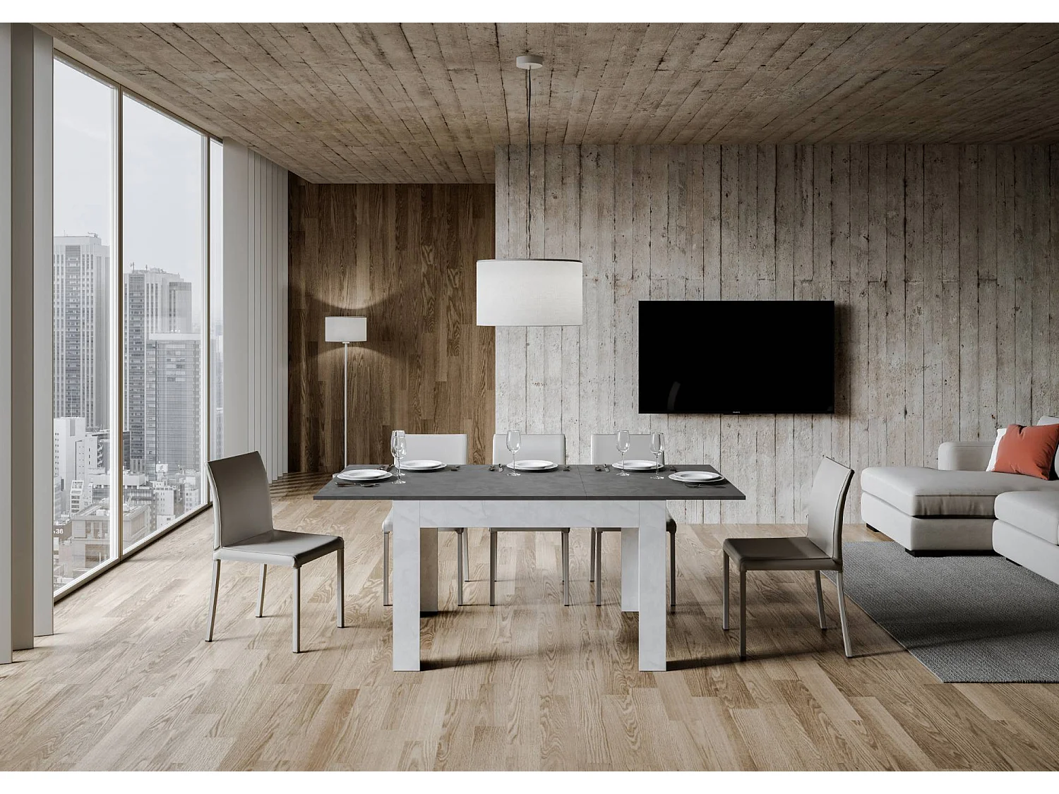 Ausziehtisch 90x120/180 cm Bibi Mix Hauptplatte Effekt anthrazit gespachtelt Tischbasis Effekt weiß gespachtelt