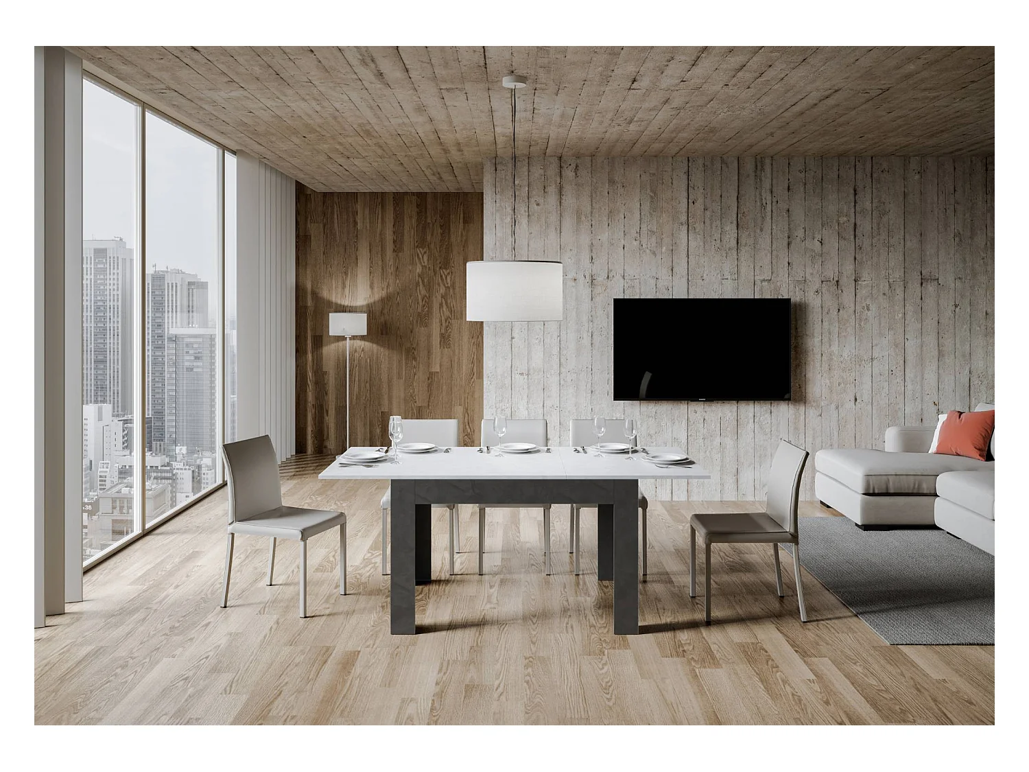 Tavolo allungabile 90x120/180 cm Bibi Mix piano bianco spatolato - base antracite spatolato