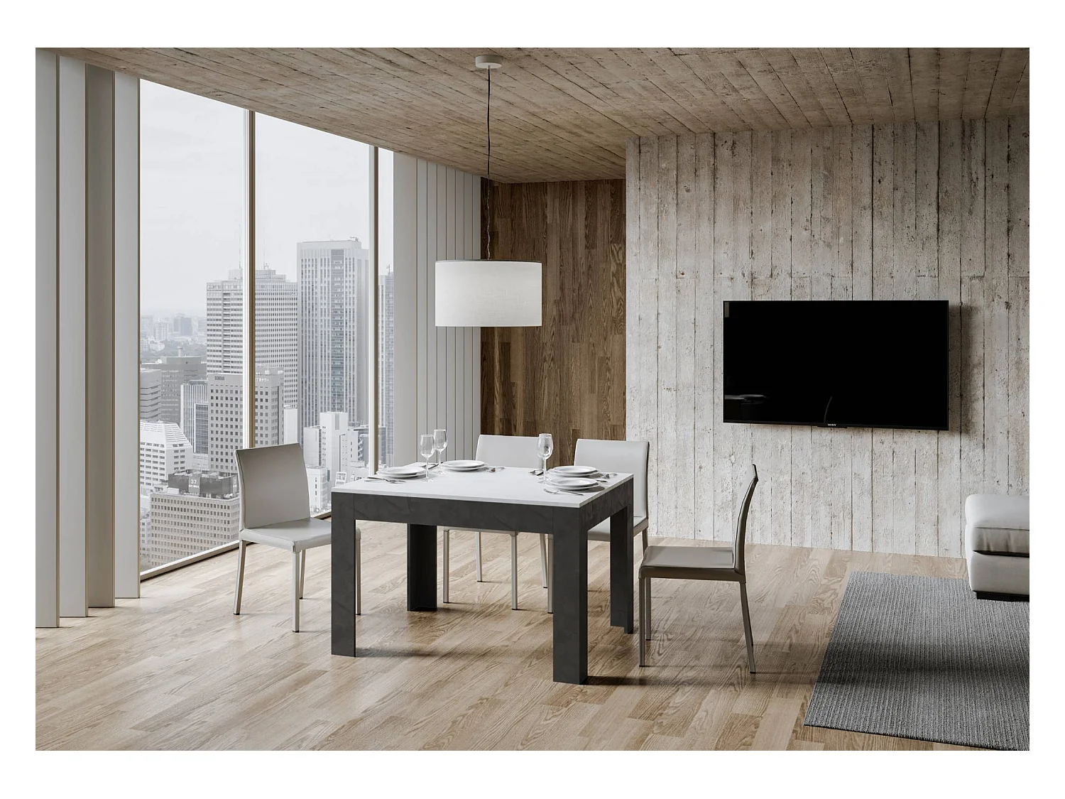 Tavolo allungabile 90x120/180 cm Bibi Mix piano bianco spatolato - base antracite spatolato