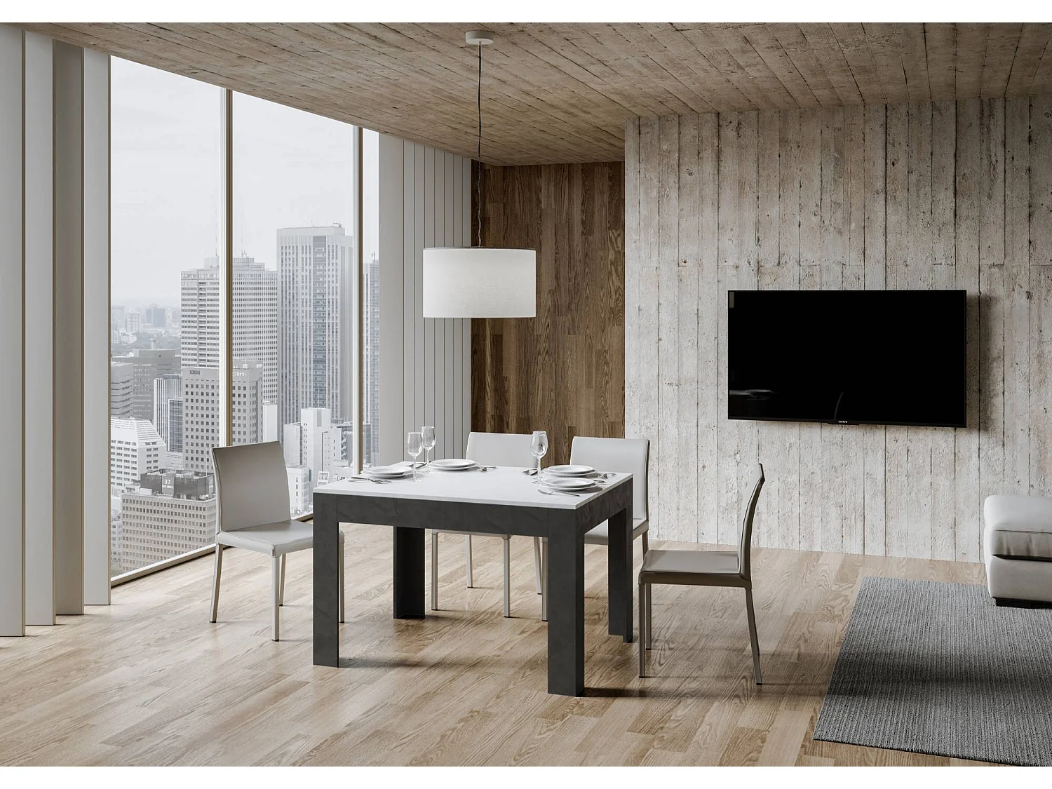 Uitschuifbare tafel 90x120/180 cm Bibi Mix blad structuur wit - ondersteuning structuur antraciet