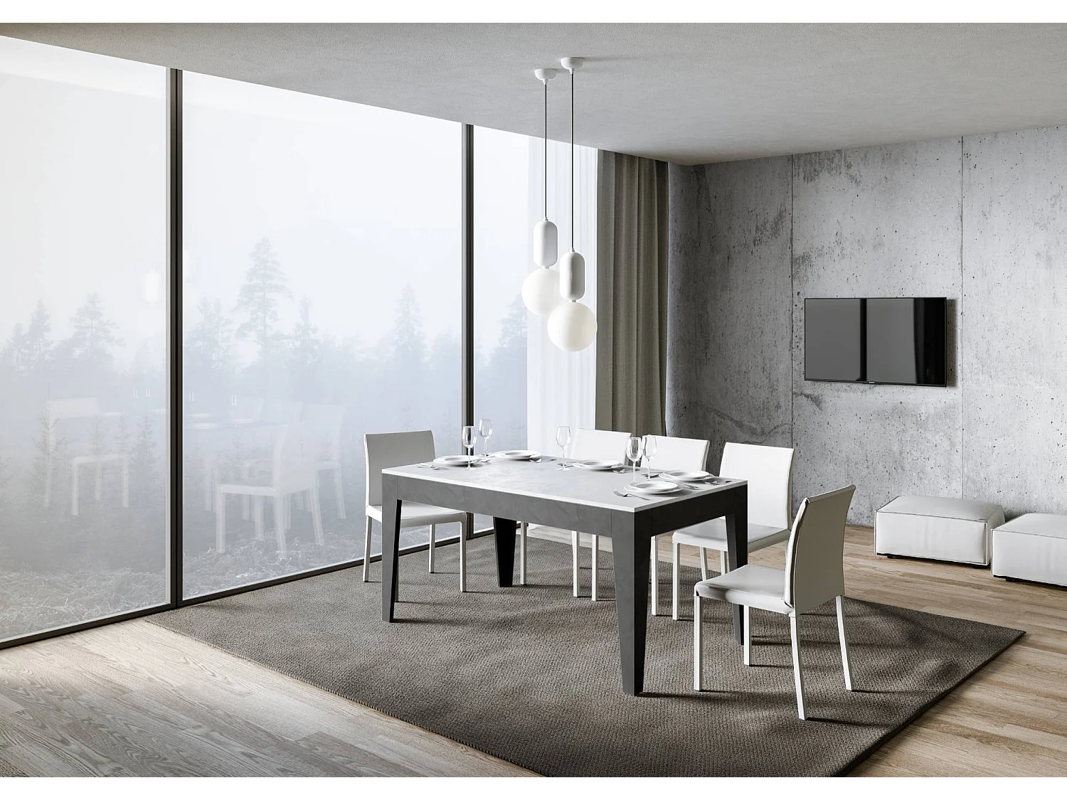 Uitschuifbare tafel 90x160/220 cm Cico Mix blad structuur wit - ondersteuning structuur antraciet
