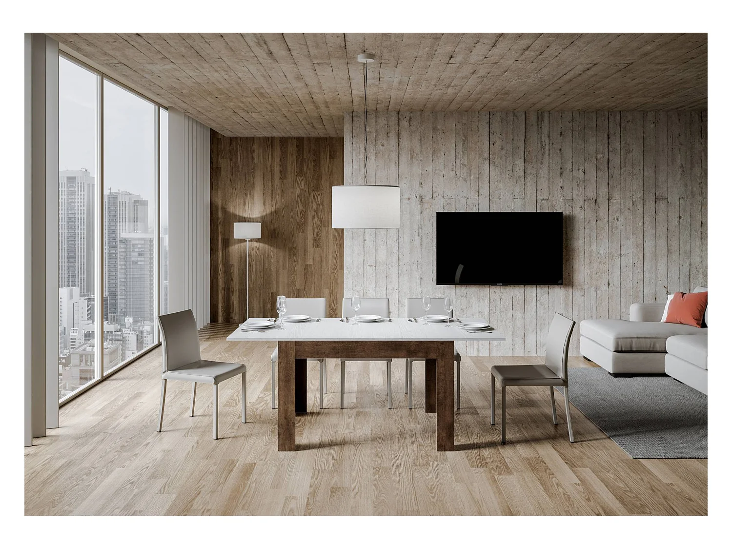 Table extensible 90x120/180 cm Bibi Mix dessus Frêne Blanc cadre Noyer