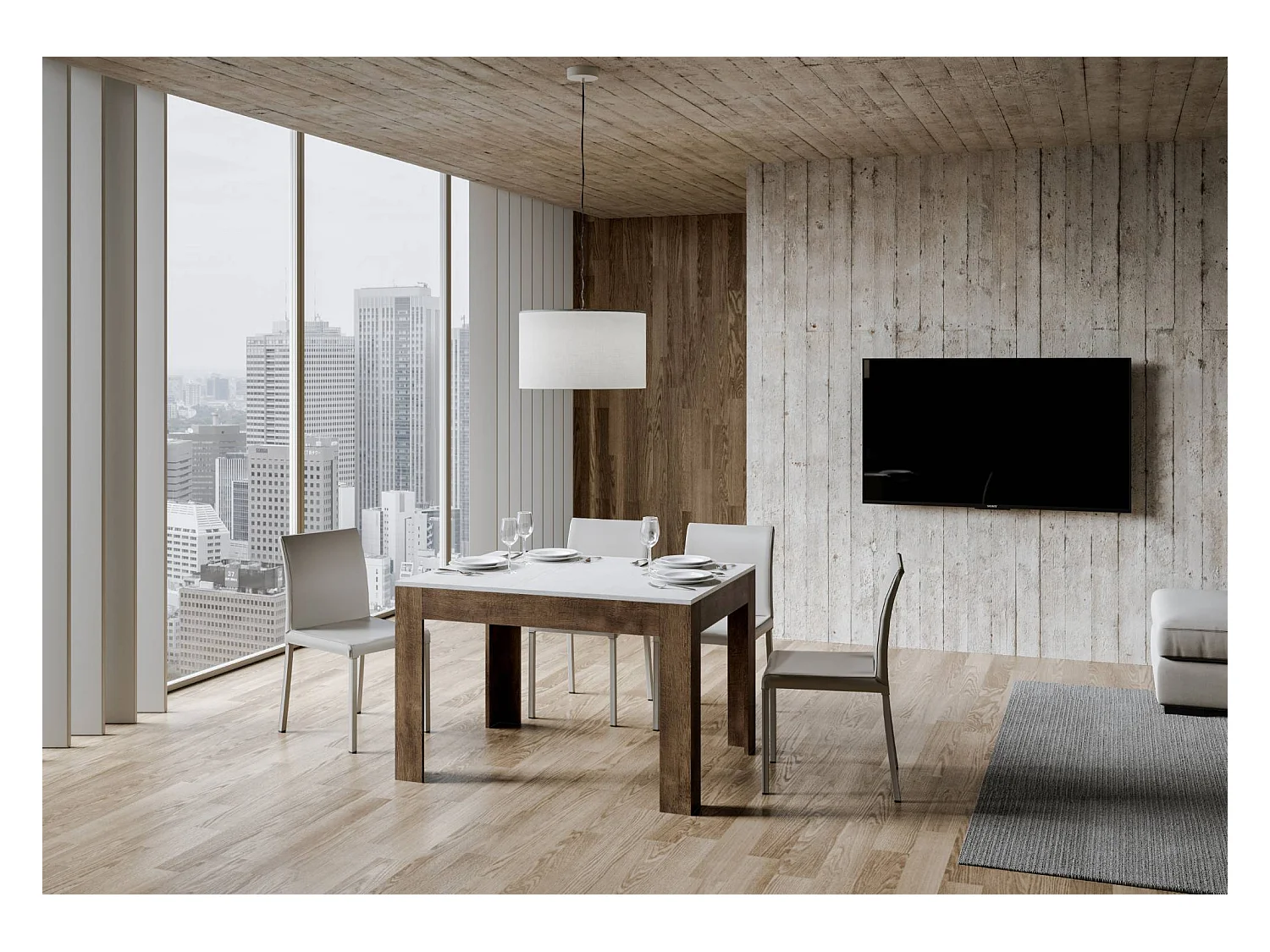 Table extensible 90x120/180 cm Bibi Mix dessus Frêne Blanc cadre Noyer