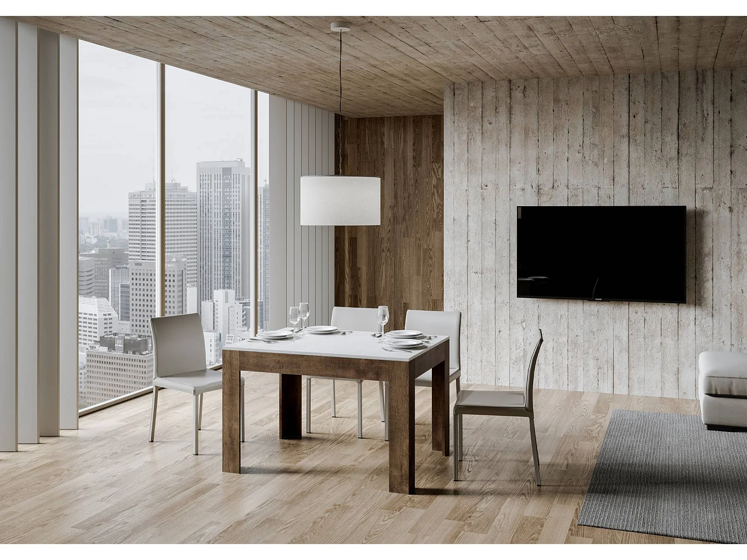 Table extensible 90x120/180 cm Bibi Mix dessus Frêne Blanc cadre Noyer