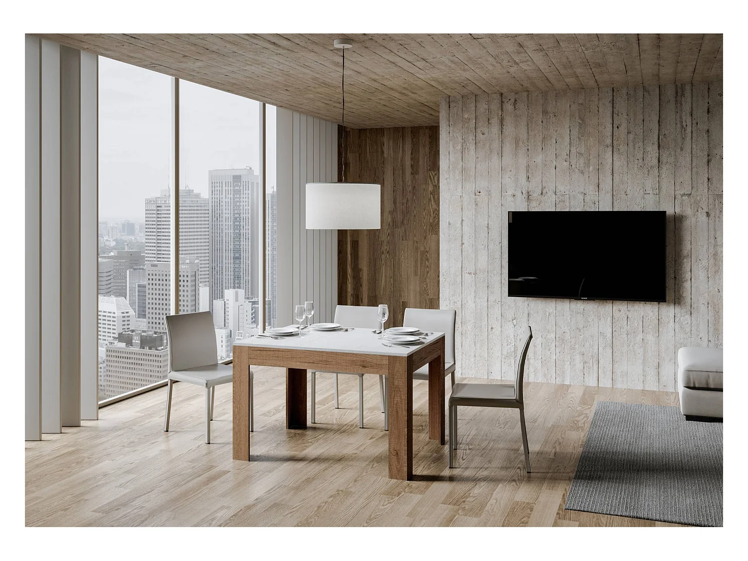 Table extensible 90x120/180 cm Bibi Mix dessus Frêne Blanc cadre Chêne Nature