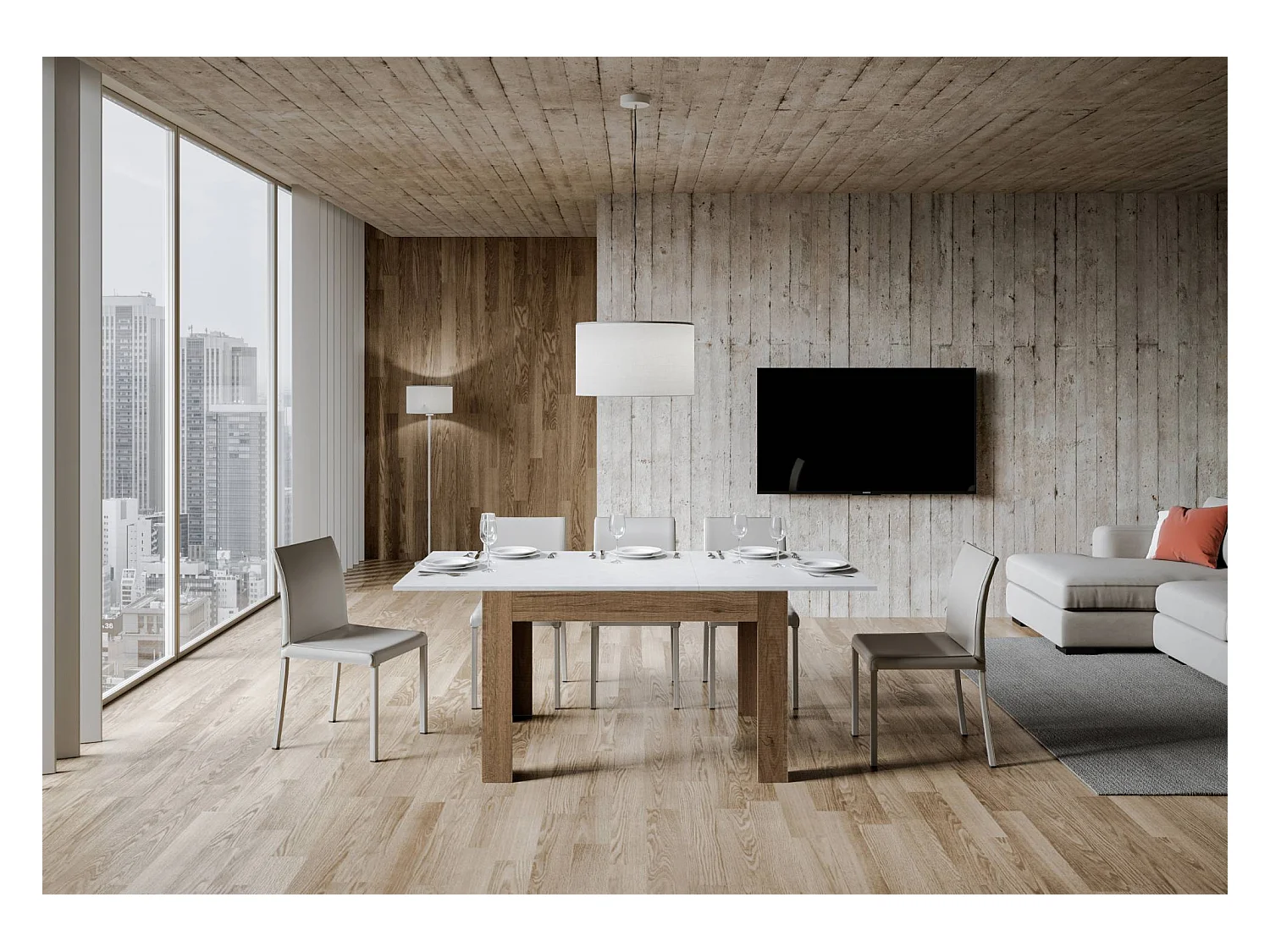 Table extensible 90x120/180 cm Bibi Mix dessus Frêne Blanc cadre Chêne Nature