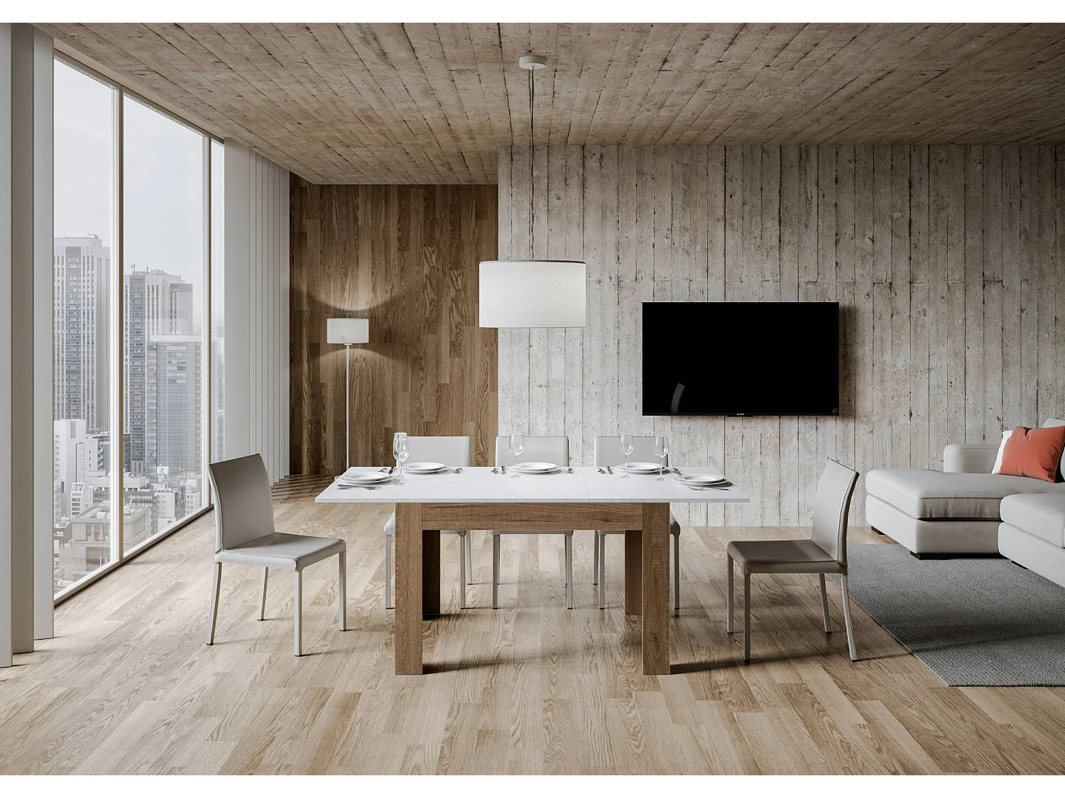 Table extensible 90x120/180 cm Bibi Mix dessus Frêne Blanc cadre Chêne Nature