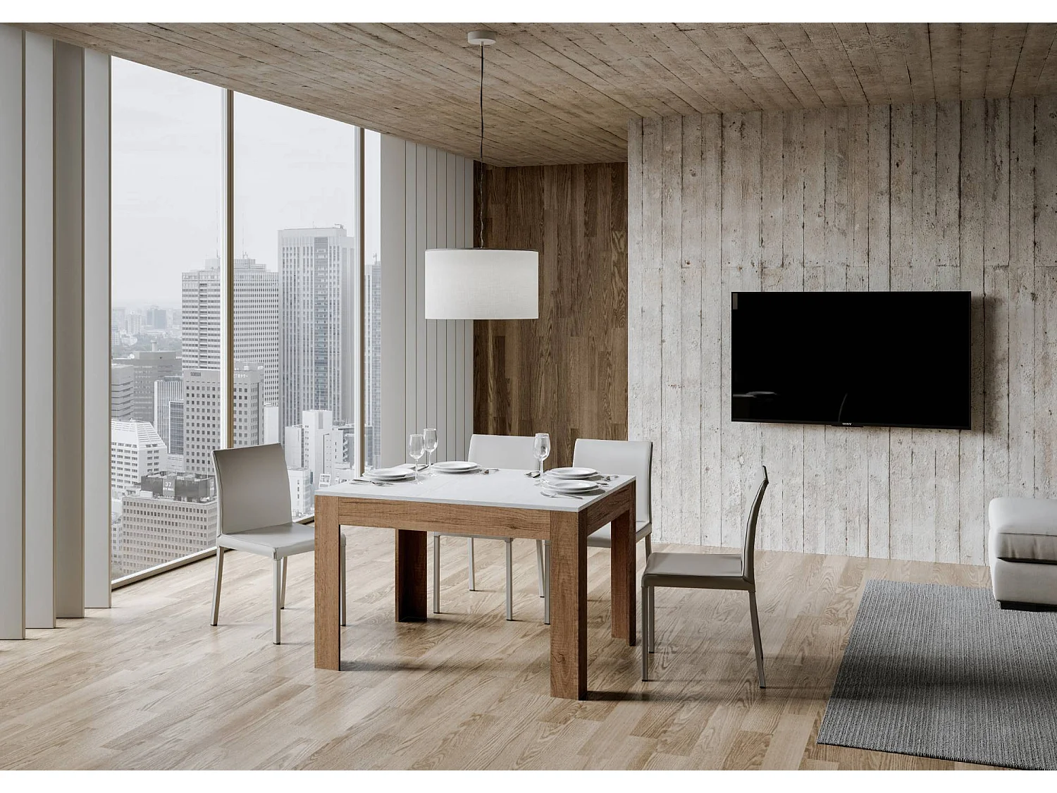 Table extensible 90x120/180 cm Bibi Mix dessus Frêne Blanc cadre Chêne Nature