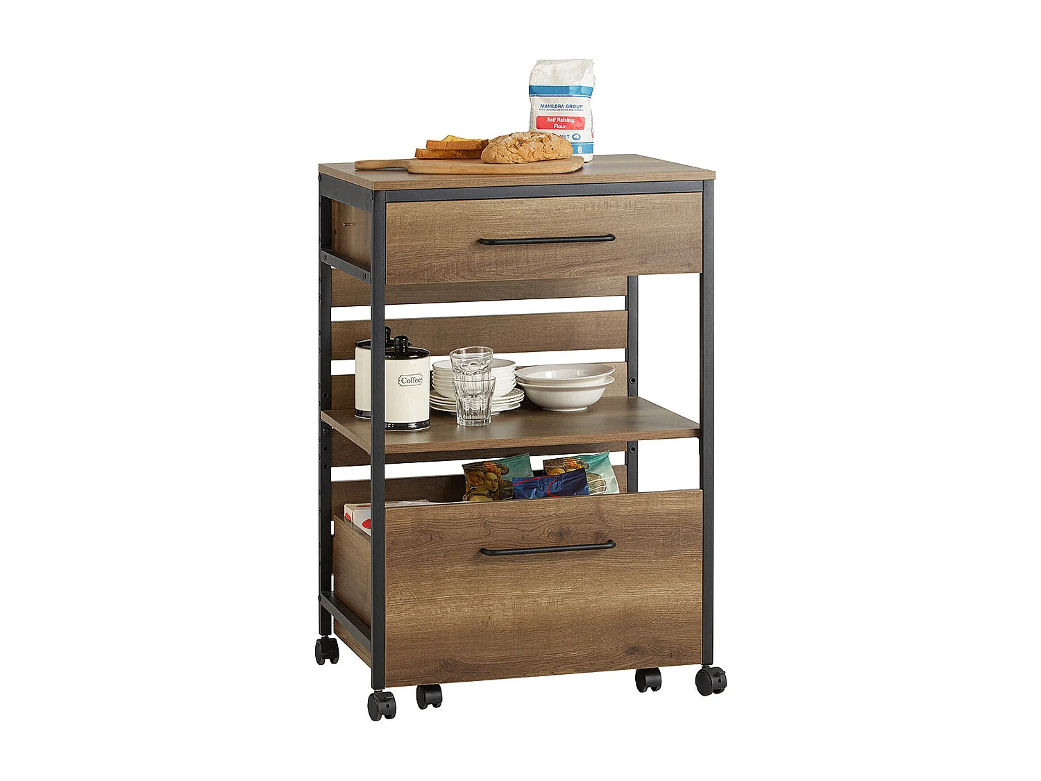 SoBuy FKW118-PF Desserte de Cuisine Roulante Chariot de Cuisine Meuble de Rangement à roulettes Multifonctionnel avec 2 Tiroirs et Etagère
