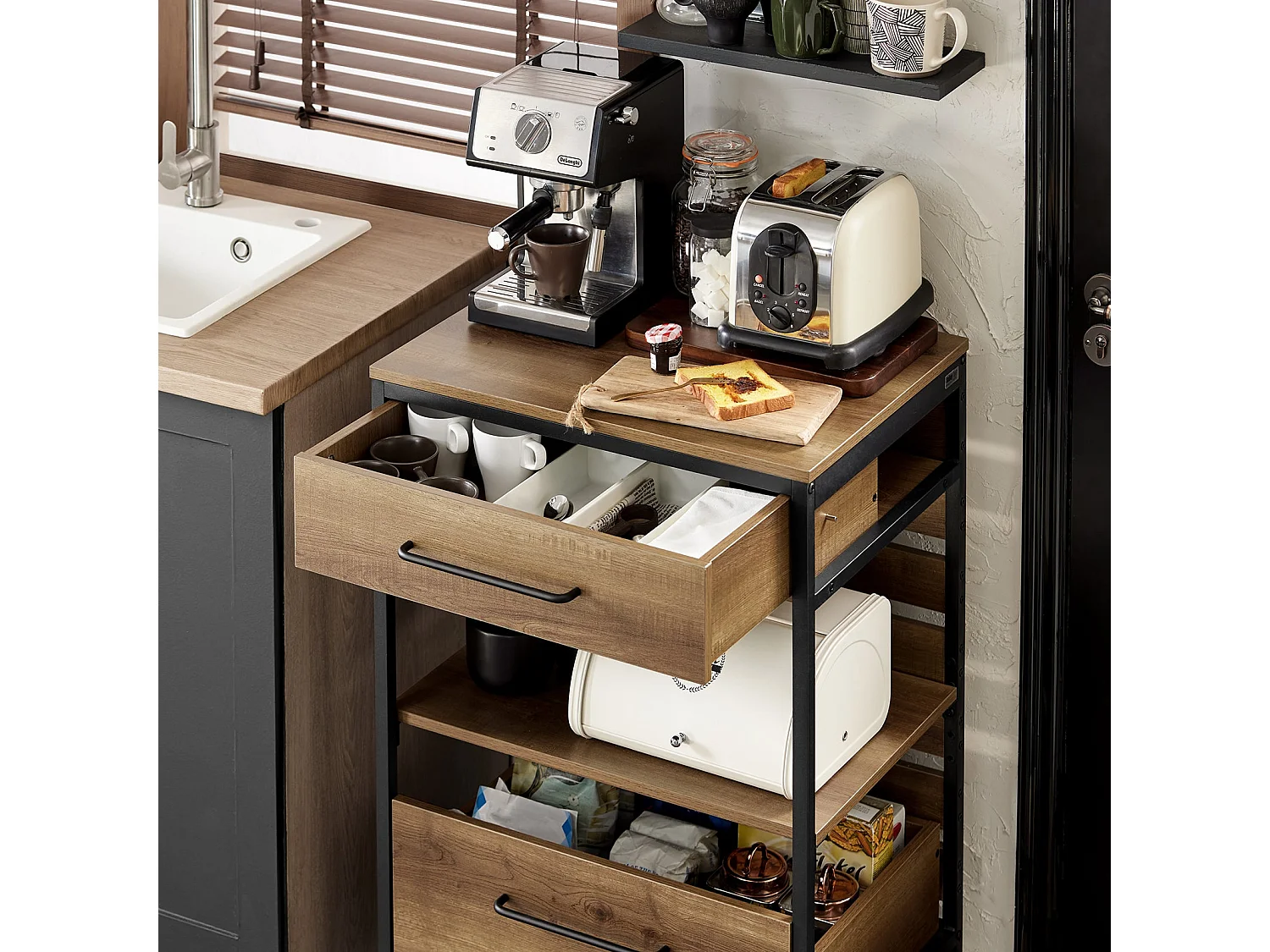 SoBuy FKW118-PF Desserte de Cuisine Roulante Chariot de Cuisine Meuble de Rangement à roulettes Multifonctionnel avec 2 Tiroirs et Etagère