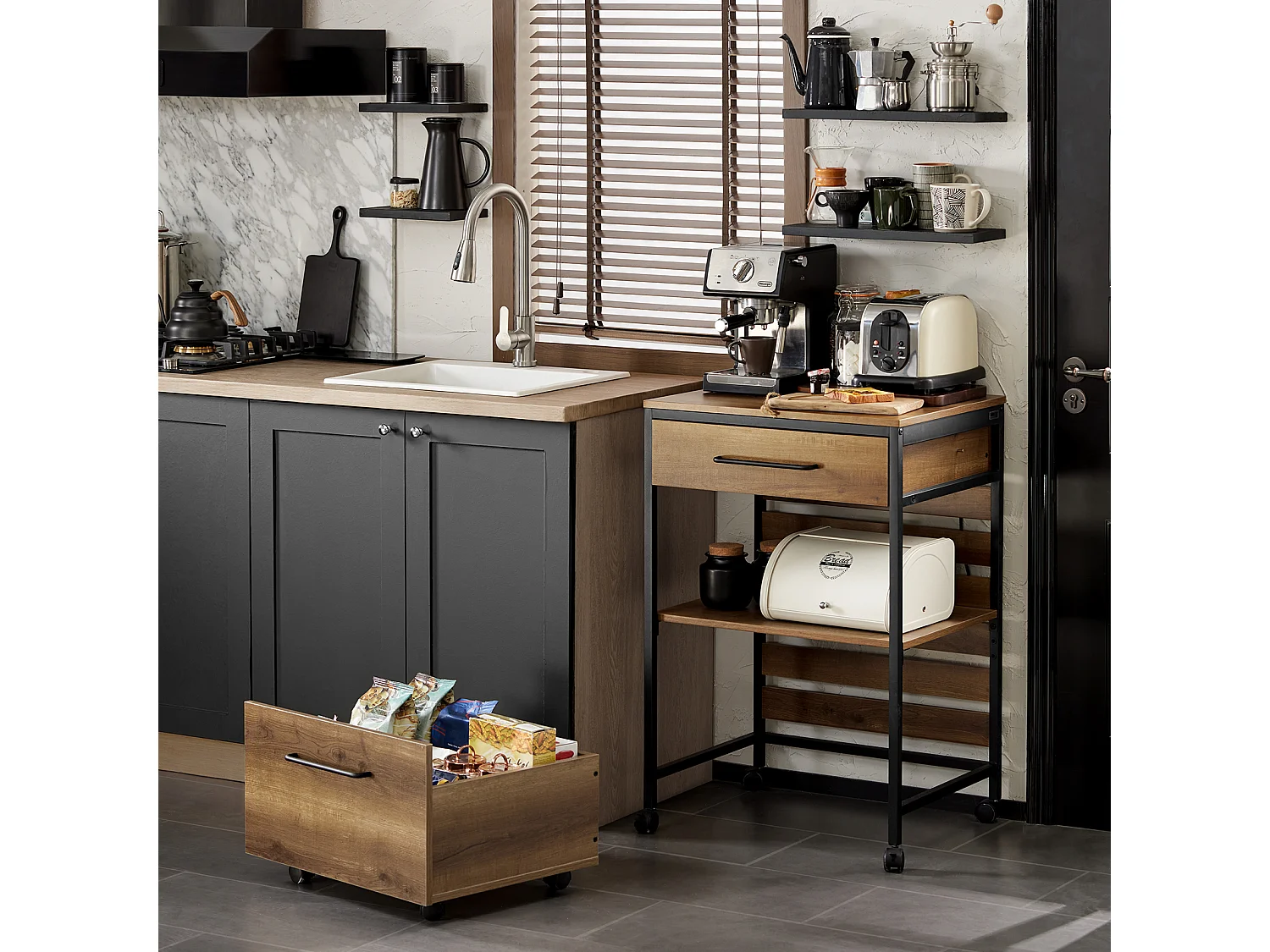 SoBuy FKW118-PF Desserte de Cuisine Roulante Chariot de Cuisine Meuble de Rangement à roulettes Multifonctionnel avec 2 Tiroirs et Etagère