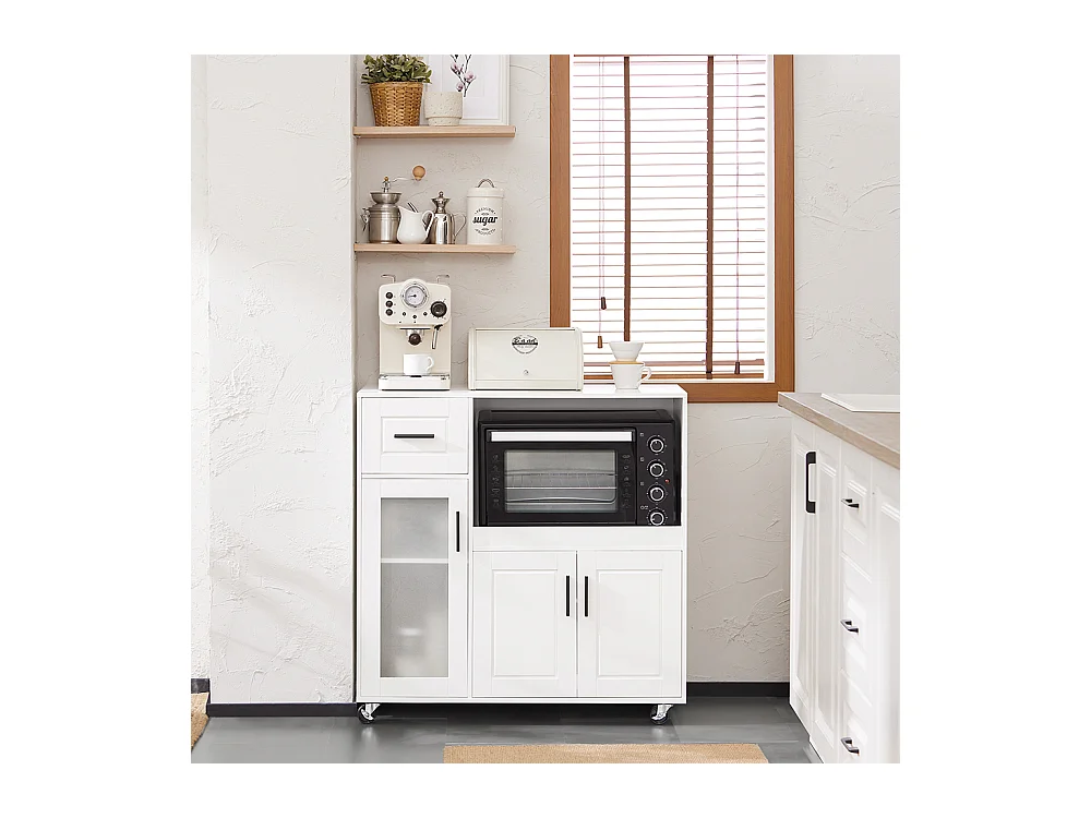 SoBuy FSB78-W Meuble Micro-Ondes Buffet Commode sur roulettes Armoire de Cuisine Multi-Rangement avec 3 Portes, 1 Tiroir, 1 Compartiment