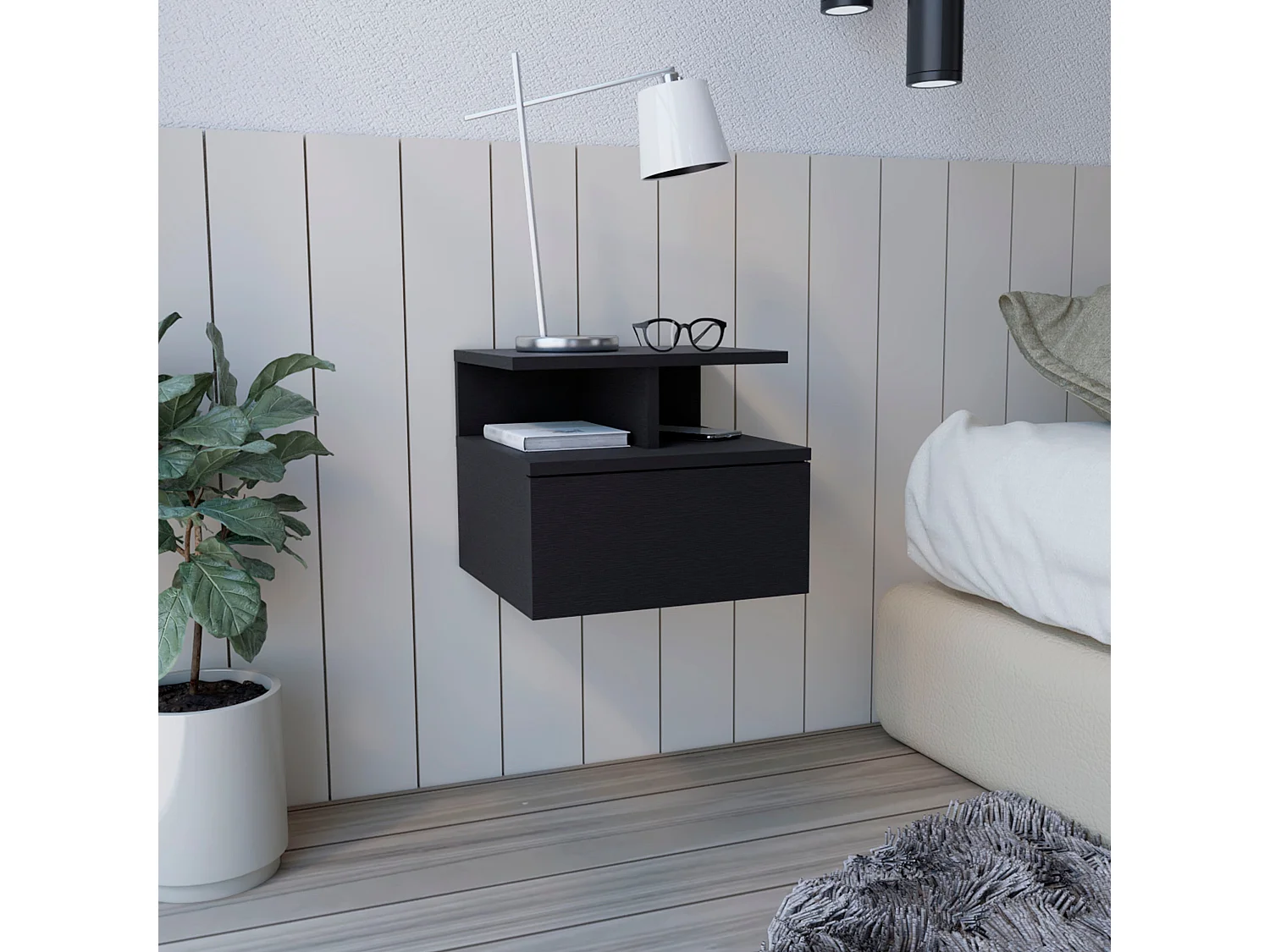 Comodino galleggiante Adele, con ripiano aperto e 1 cassetto , 29.5 cm X 35.6 cm X 33.6 cm , Nero