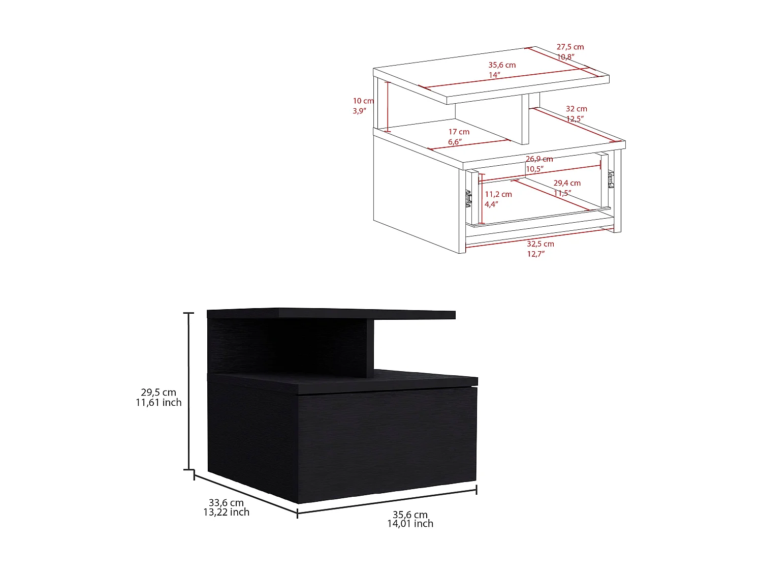 Comodino galleggiante Adele, con ripiano aperto e 1 cassetto , 29.5 cm X 35.6 cm X 33.6 cm , Nero