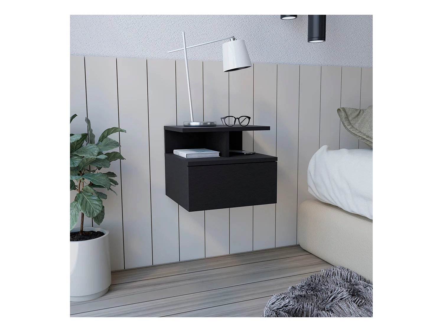 Table de nuit flottante Adele, avec étagère ouverte et 1 tiroir , 29.5 cm X 35.6 cm X 33.6 cm , Noir