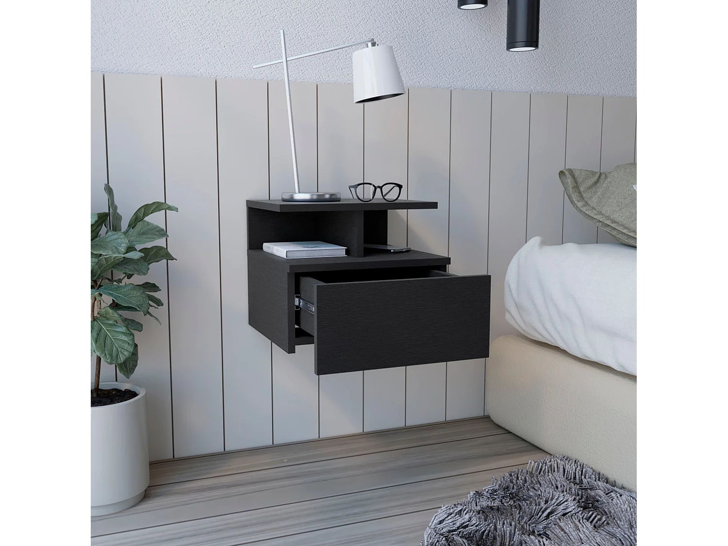 Comodino galleggiante Adele, con ripiano aperto e 1 cassetto , 29.5 cm X 35.6 cm X 33.6 cm , Nero