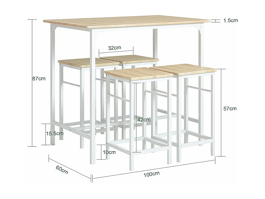 Set de 1 Table + 4 Tabourets Ensemble, Table de Bar Bistrot + 4 Tabourets avec Repose-Pieds Table Haute Cuisine SoBuy OGT11-WN