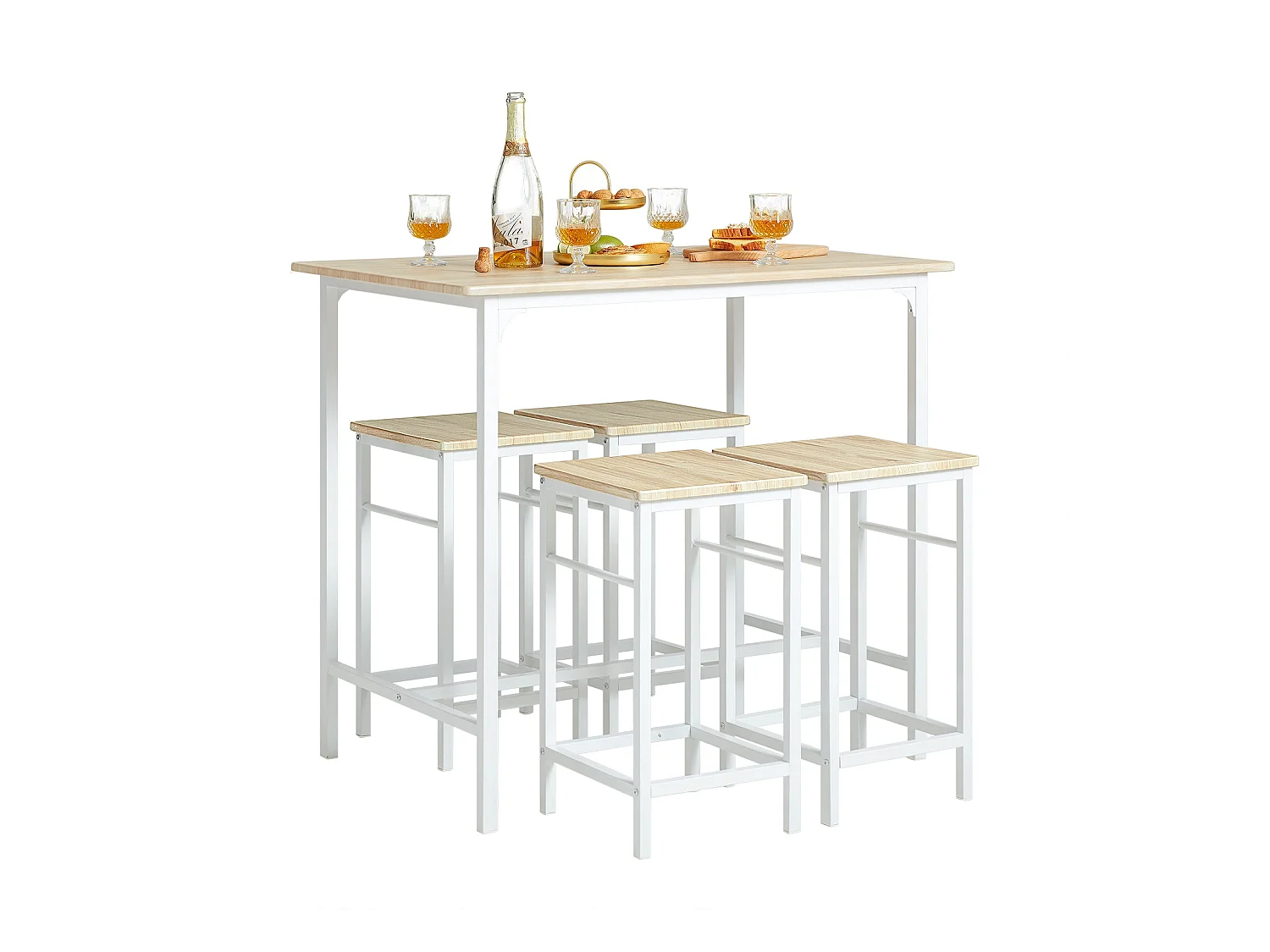 SoBuy OGT11-WN Set van 1 tafel + 4 krukken Bistrobartafelset + 4 krukken met voetsteun Hoge keukentafel