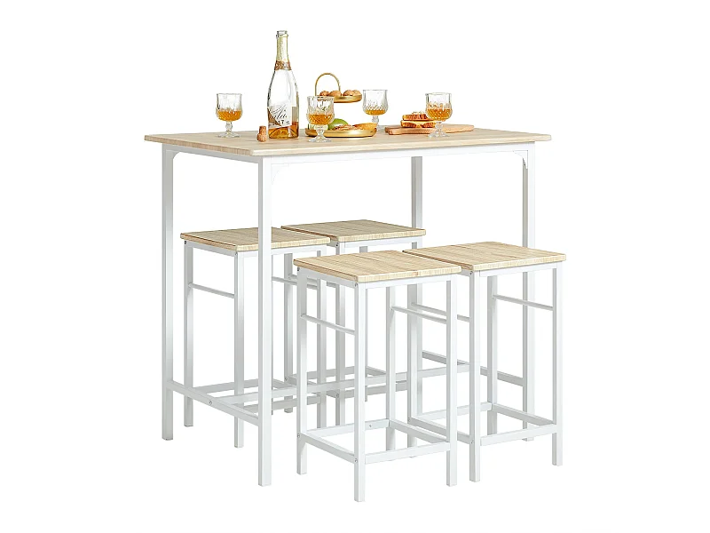 Set de 1 Table + 4 Tabourets Ensemble, Table de Bar Bistrot + 4 Tabourets avec Repose-Pieds Table Haute Cuisine SoBuy OGT11-WN