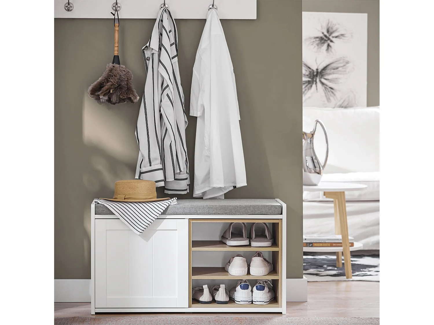 SoBuy FSR109-WN Banc à Chaussures Meuble Chaussures Commode à Chaussures Meuble d’entrée avec Coussin Rembourré et Etagère Amovible