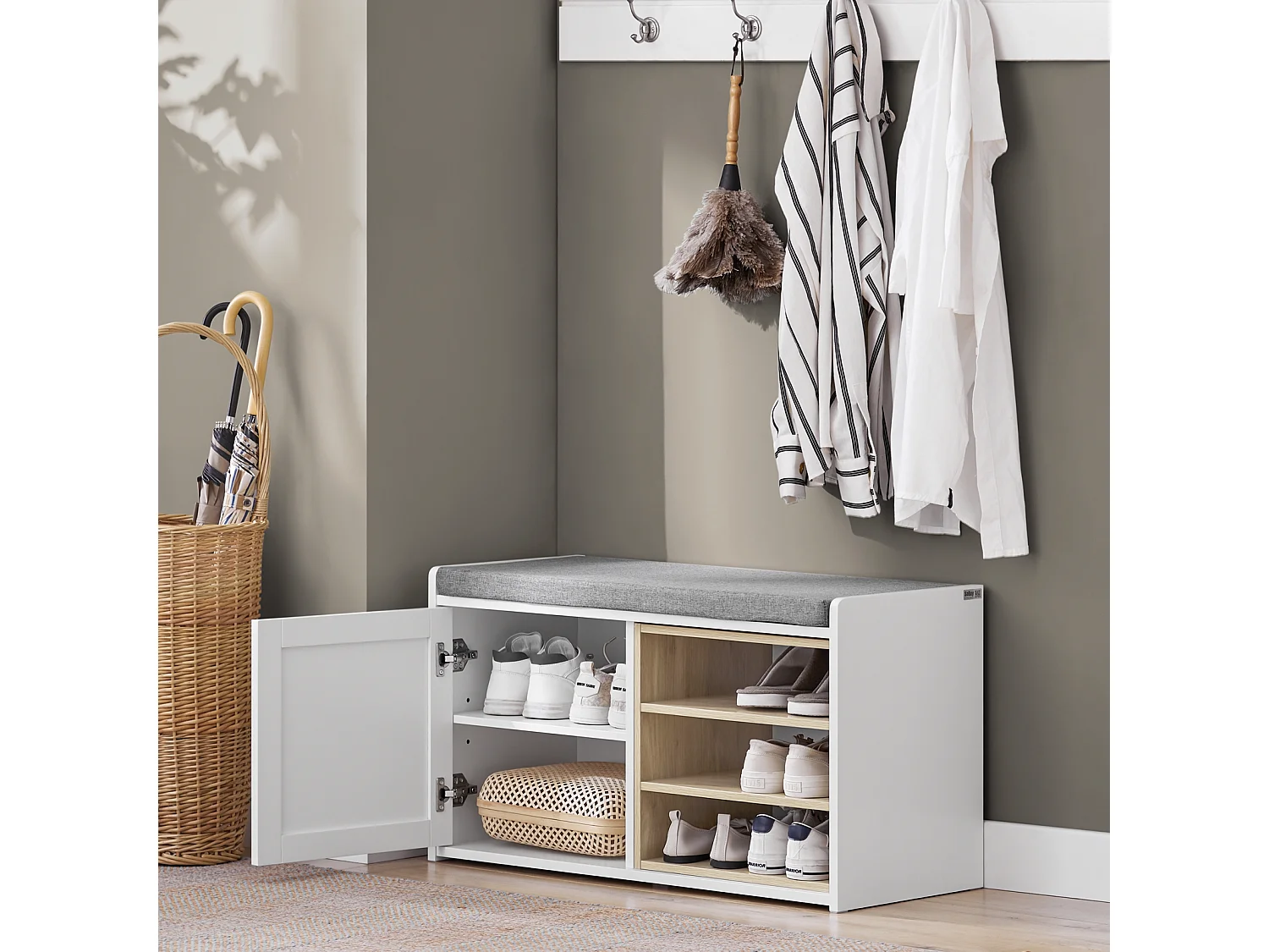 SoBuy FSR109-WN Banc à Chaussures Meuble Chaussures Commode à Chaussures Meuble d’entrée avec Coussin Rembourré et Etagère Amovible