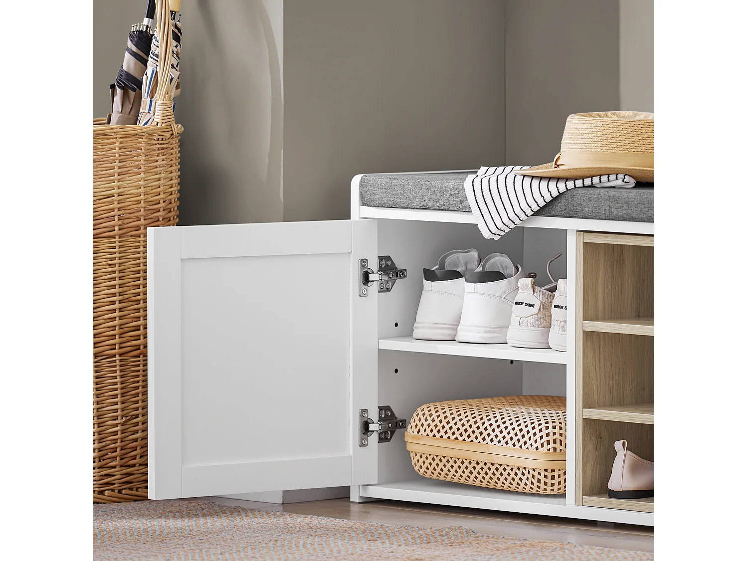 SoBuy FSR109-WN Banc à Chaussures Meuble Chaussures Commode à Chaussures Meuble d’entrée avec Coussin Rembourré et Etagère Amovible