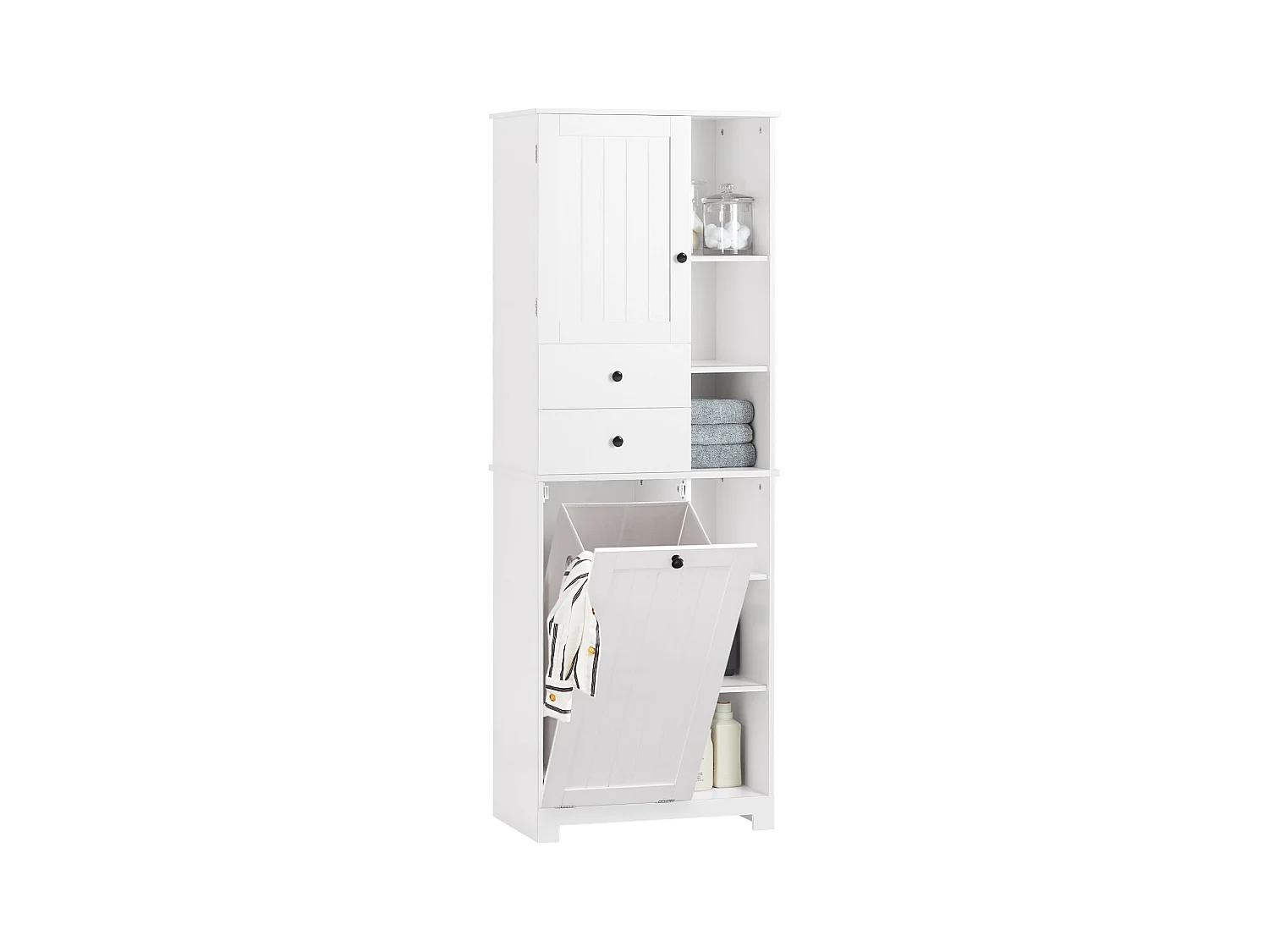 SoBuy BZR104-W Meuble Colonne de Salle de Bain Placard avec 2 Portes et 2 Tiroirs, 6 Étagères et 1 Panier à Linge