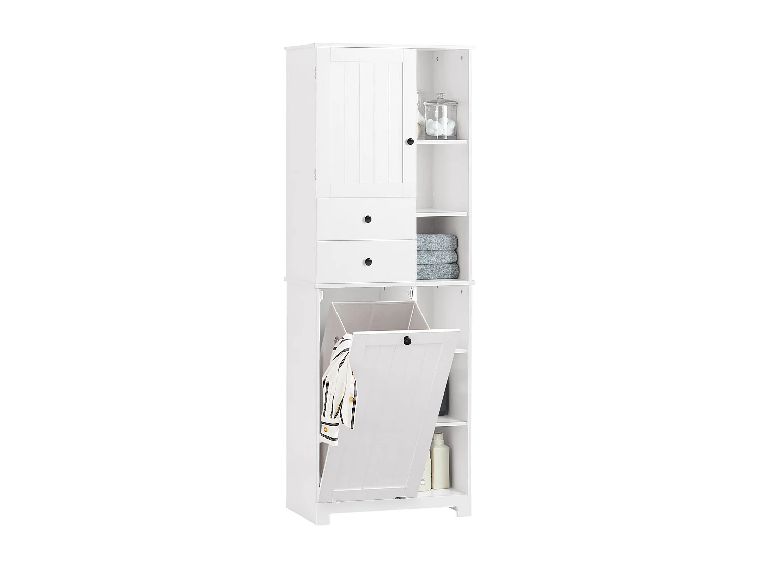 SoBuy Badkamerkolommeubelkast Hoog Toiletkast Opbergmeubel voor badkamer, wasruimte, met 2 deuren en 2 laden, 6 planken en 1 wasmand, 60x37x171cm, BZR104-W