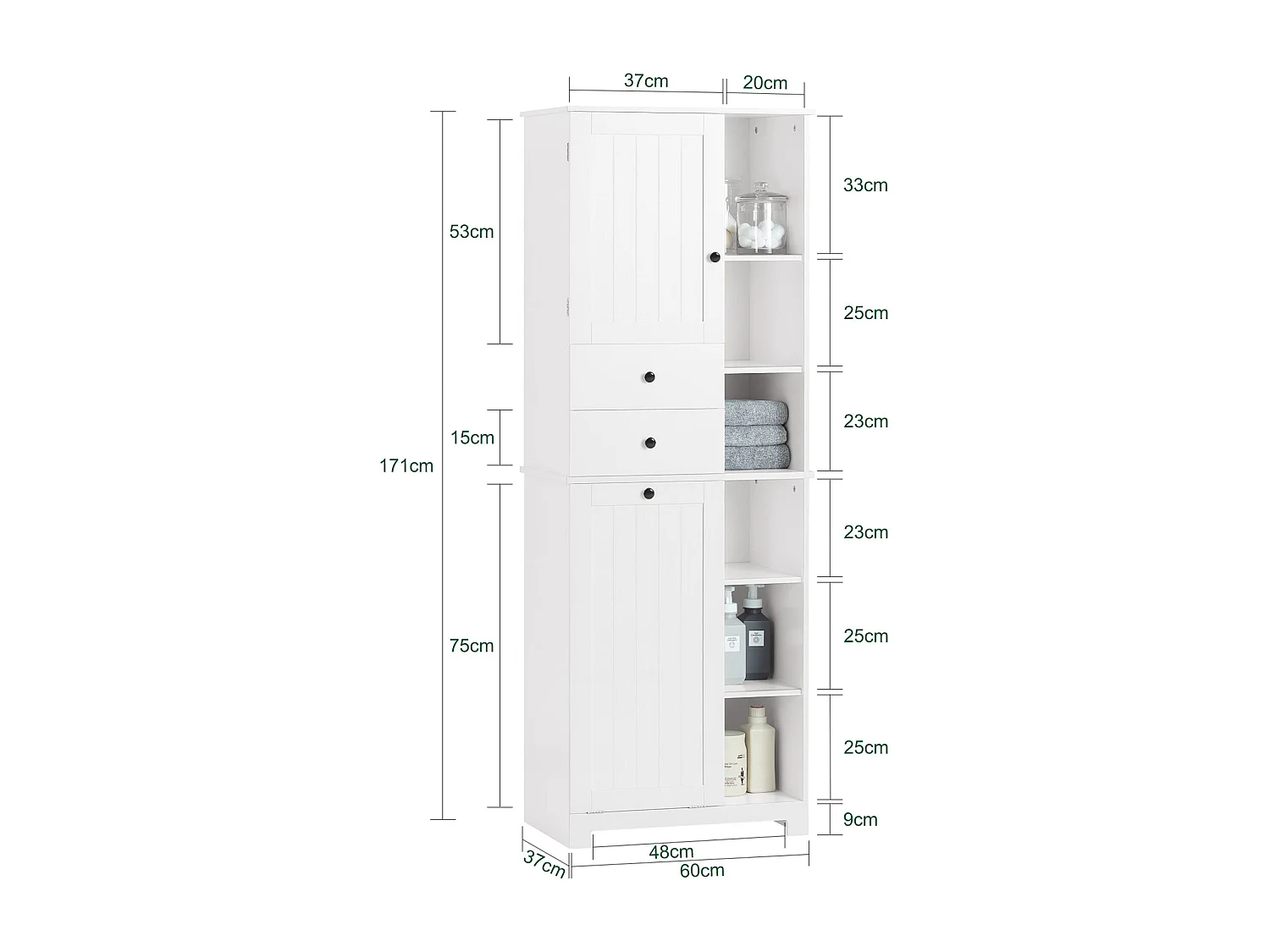 SoBuy Badkamerkolommeubelkast Hoog Toiletkast Opbergmeubel voor badkamer, wasruimte, met 2 deuren en 2 laden, 6 planken en 1 wasmand, 60x37x171cm, BZR104-W