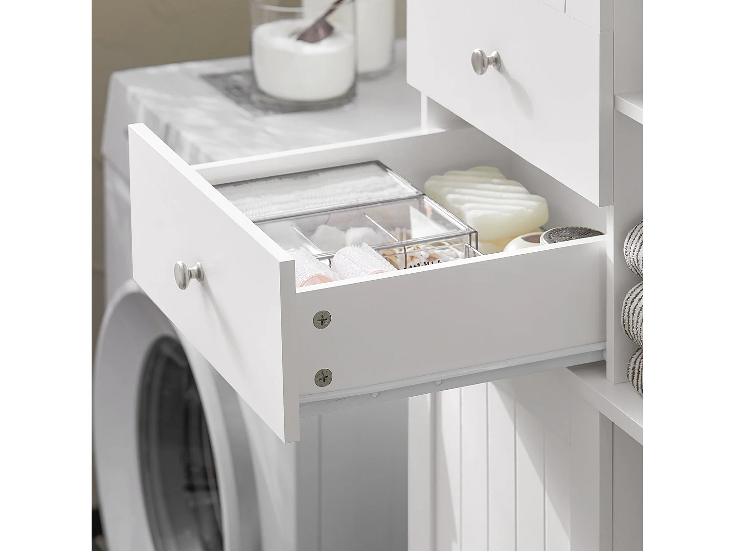 SoBuy Badkamerkolommeubelkast Hoog Toiletkast Opbergmeubel voor badkamer, wasruimte, met 2 deuren en 2 laden, 6 planken en 1 wasmand, 60x37x171cm, BZR104-W