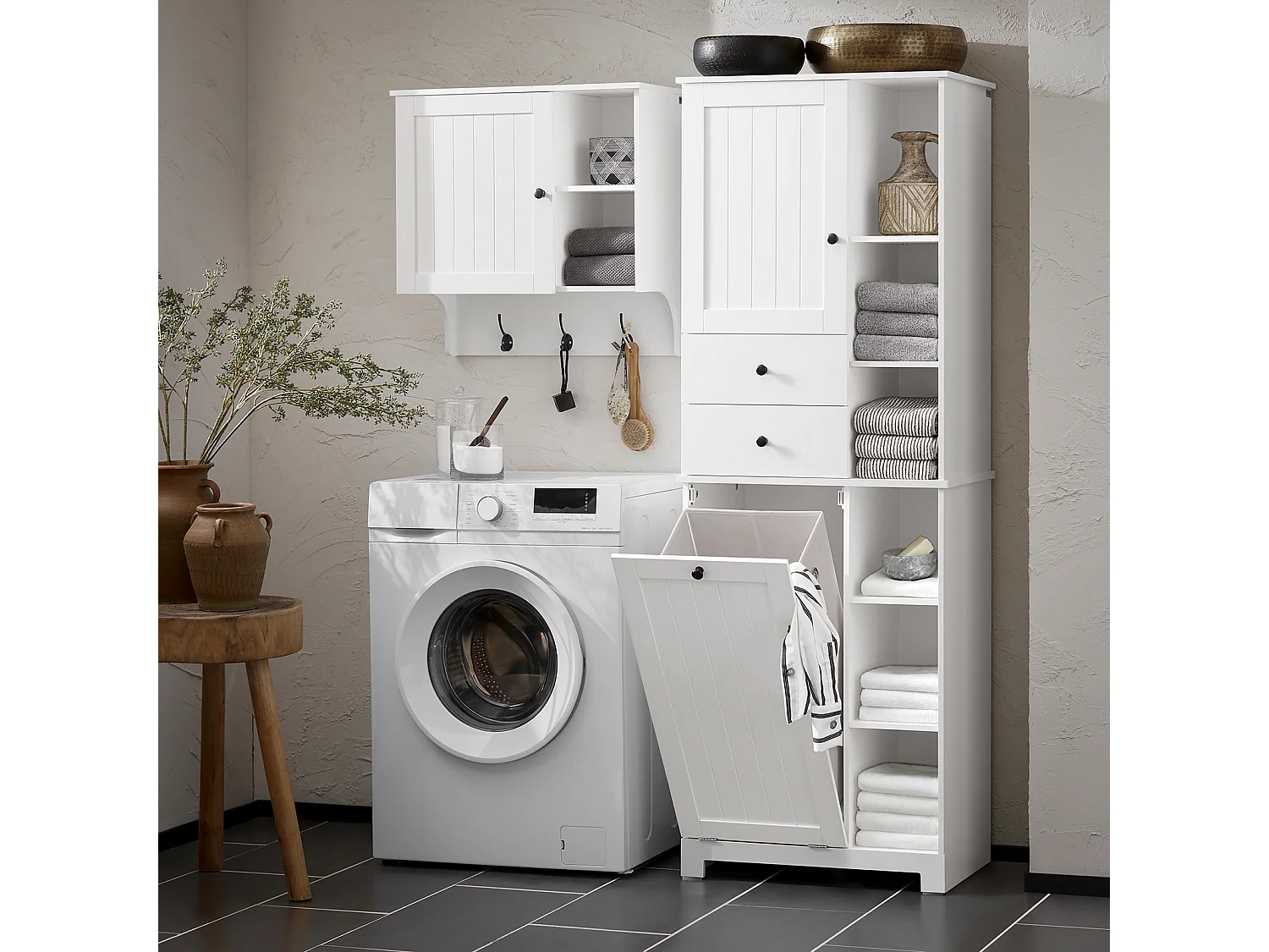 SoBuy Badkamerkolommeubelkast Hoog Toiletkast Opbergmeubel voor badkamer, wasruimte, met 2 deuren en 2 laden, 6 planken en 1 wasmand, 60x37x171cm, BZR104-W