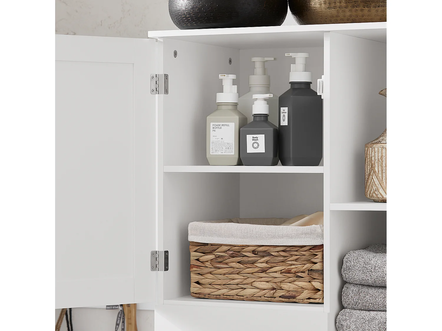 SoBuy Badkamerkolommeubelkast Hoog Toiletkast Opbergmeubel voor badkamer, wasruimte, met 2 deuren en 2 laden, 6 planken en 1 wasmand, 60x37x171cm, BZR104-W