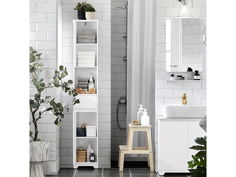 Sobuy bzr109-w meuble colonne de salle de bain armoire haute etagère de rangement meuble de rangement sur pieds avec 2 portes et 1 tiror et 1 compartiment ouvert
