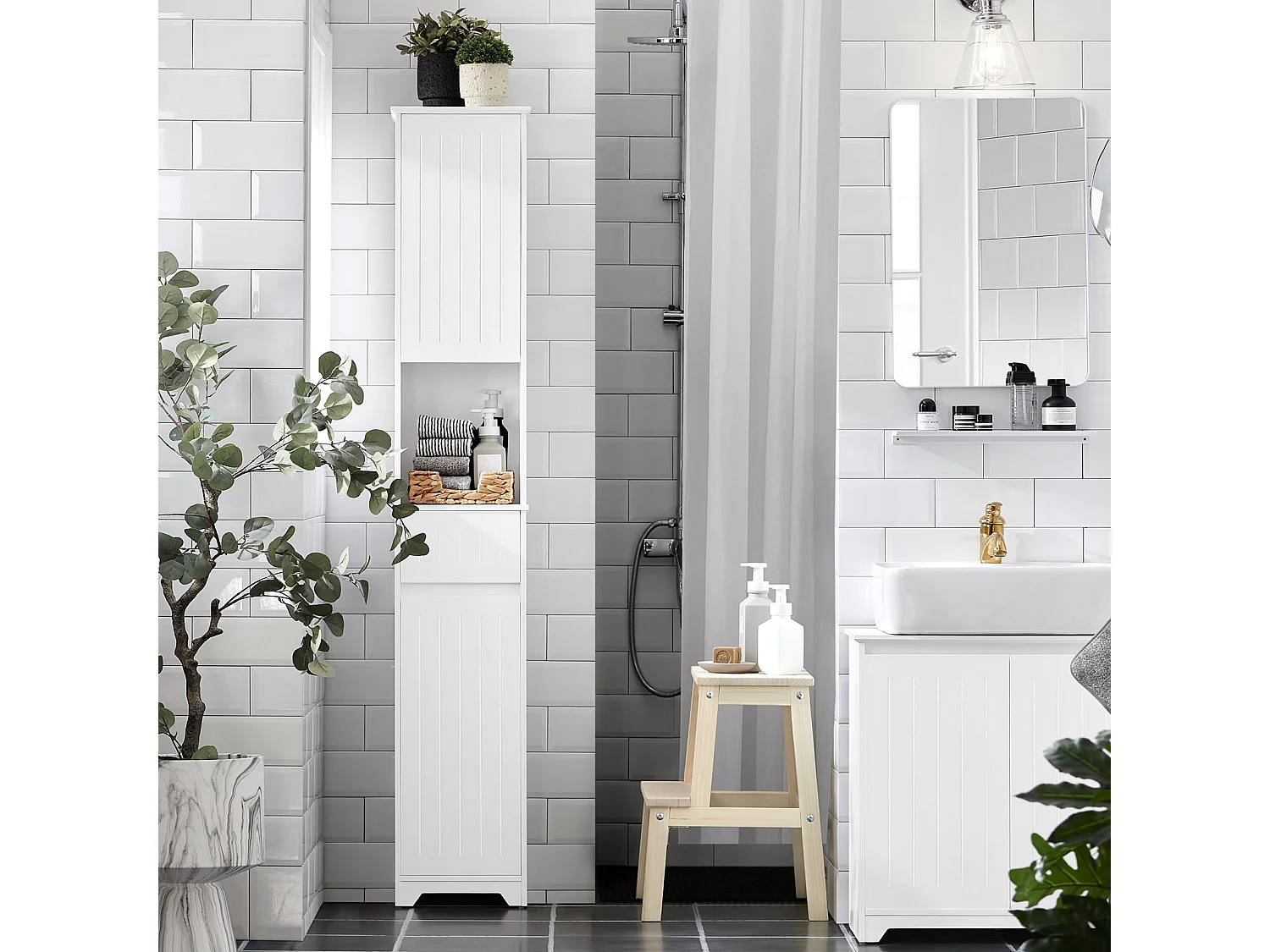 Sobuy bzr109-w meuble colonne de salle de bain armoire haute etagère de rangement meuble de rangement sur pieds avec 2 portes et 1 tiror et 1 compartiment ouvert