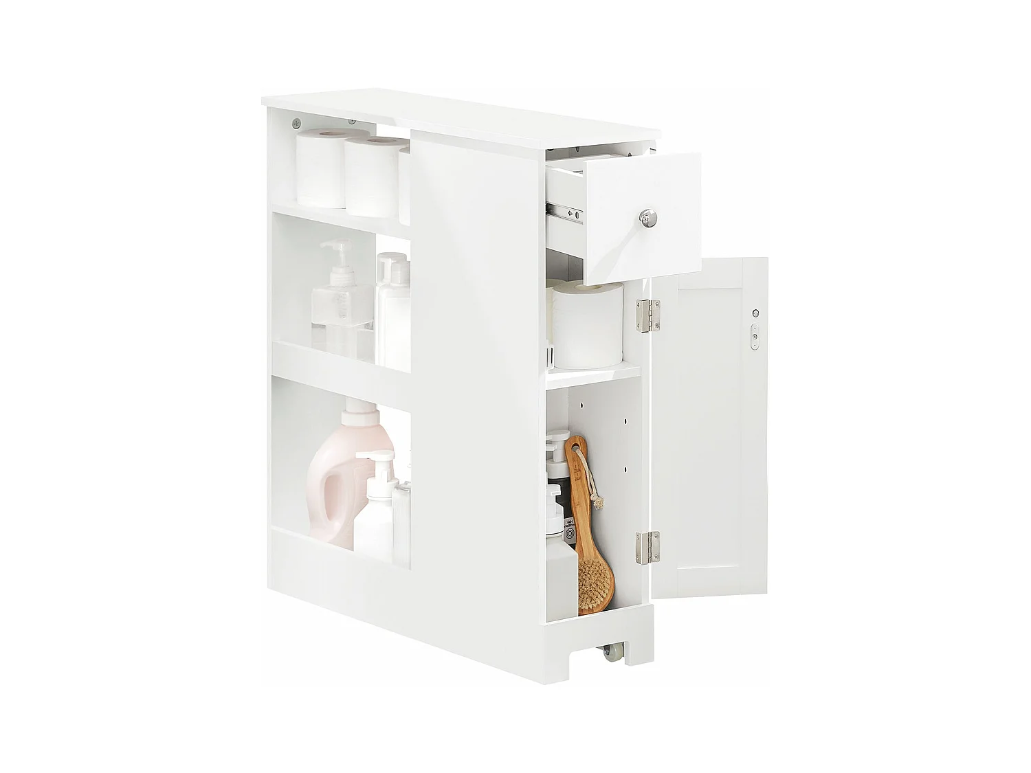 SoBuy BZR106-W Meuble de Rangement Salle de Bain Étroit sur Roulettes, Support Papier Toilette, Armoire Toilettes WC  1 tiroir, 1 porte et 3 étagères
