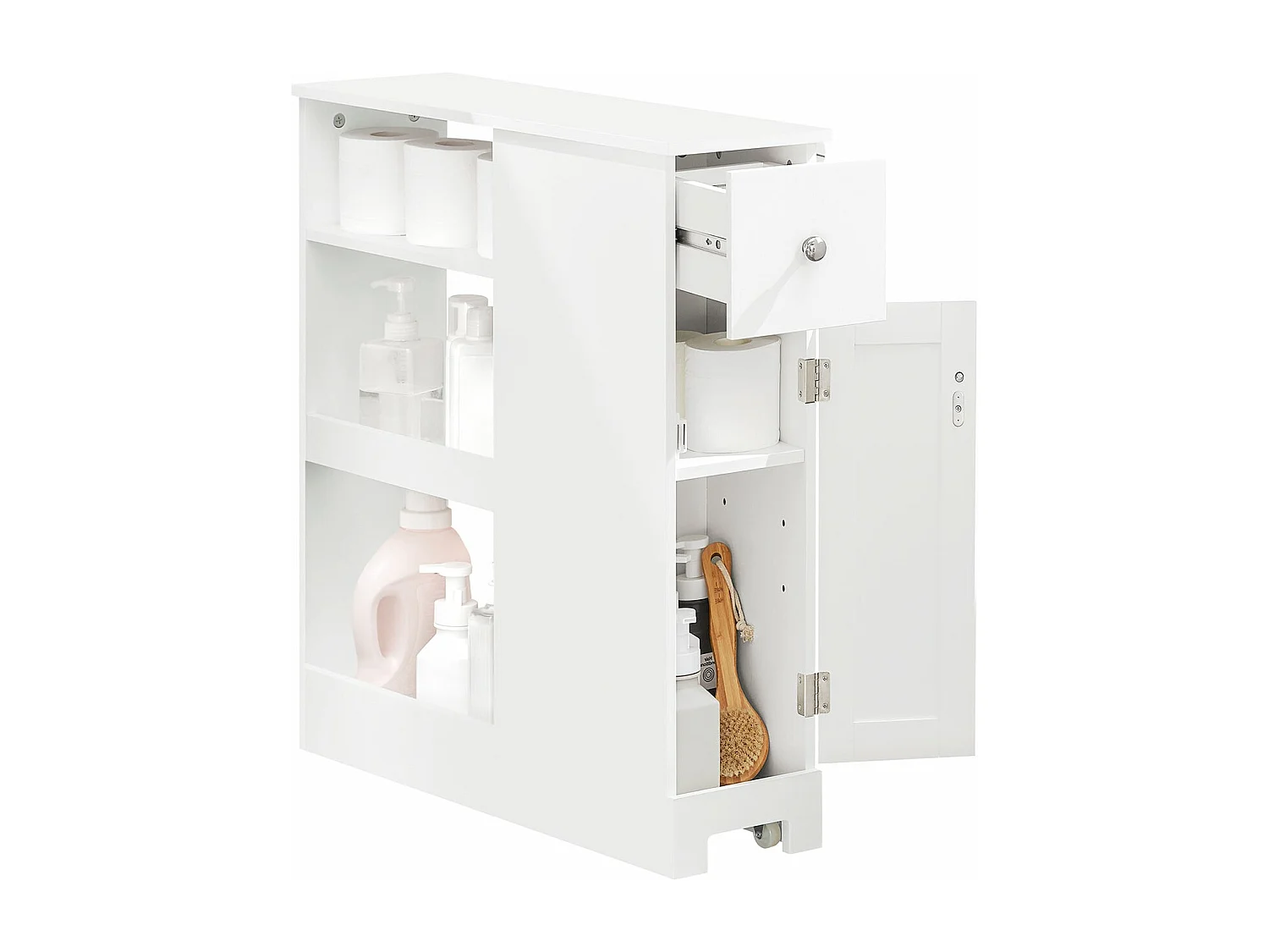 Estantería Estrecha para Baño Mueble Auxiliar Armario Móvil Multifuncional de Almacenaje con 1 Puerta 1 Cajón y 3 Estantes Blanco 65 x 20 x 70 cm BZR106-W SoBuy ES