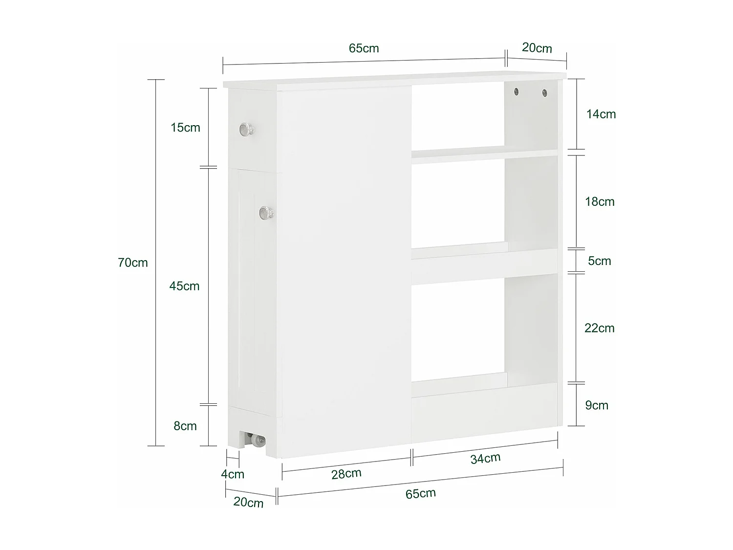 Estantería Estrecha para Baño Mueble Auxiliar Armario Móvil Multifuncional de Almacenaje con 1 Puerta 1 Cajón y 3 Estantes Blanco 65 x 20 x 70 cm BZR106-W SoBuy ES