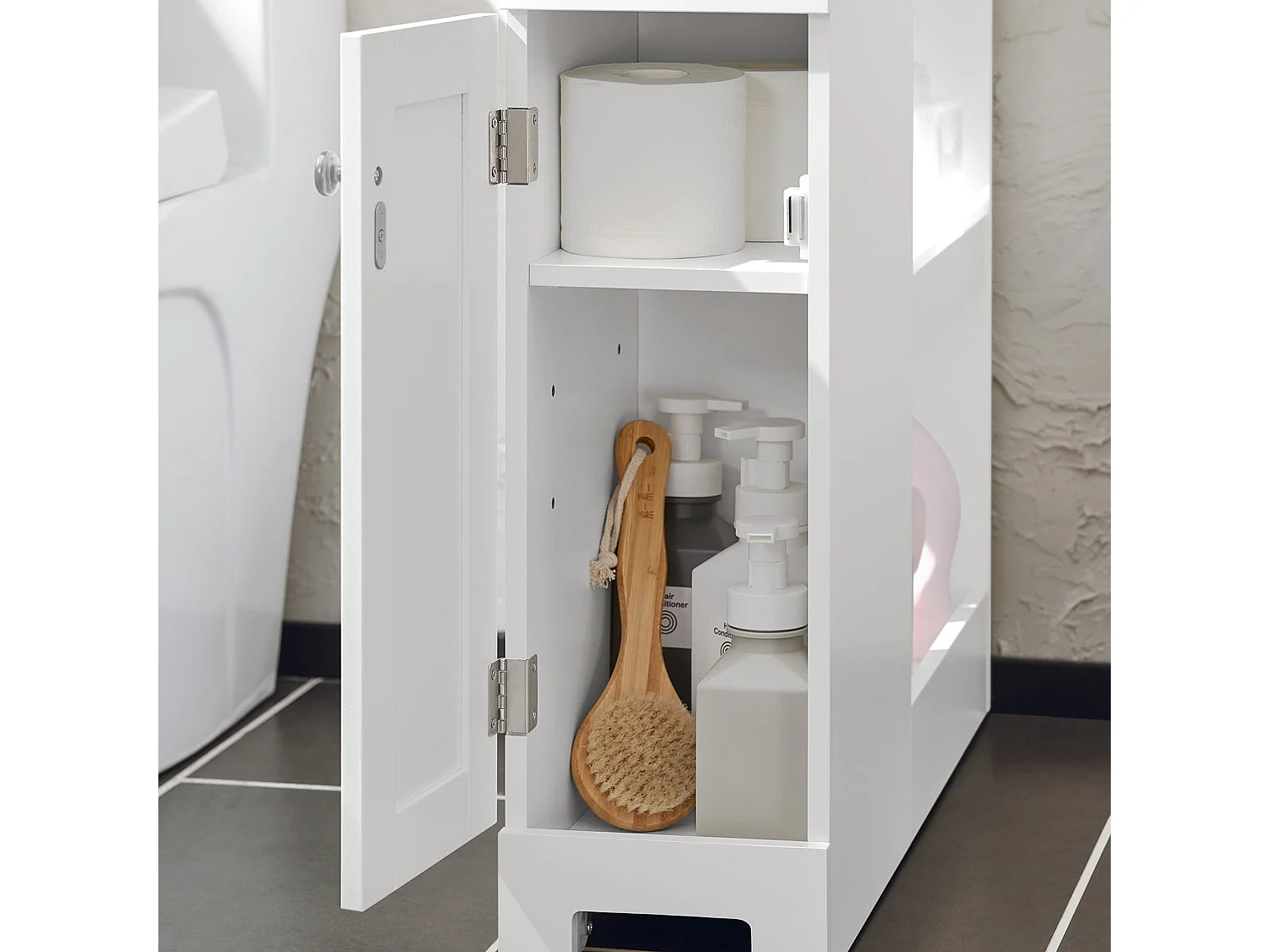 Estantería Estrecha para Baño Mueble Auxiliar Armario Móvil Multifuncional de Almacenaje con 1 Puerta 1 Cajón y 3 Estantes Blanco 65 x 20 x 70 cm BZR106-W SoBuy ES