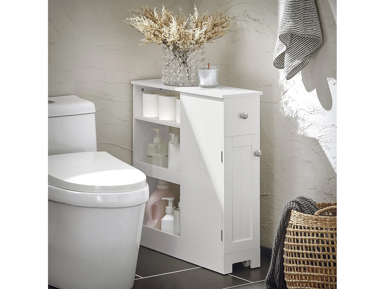 Estantería Estrecha para Baño Mueble Auxiliar Armario Móvil Multifuncional de Almacenaje con 1 Puerta 1 Cajón y 3 Estantes Blanco 65 x 20 x 70 cm BZR106-W SoBuy ES