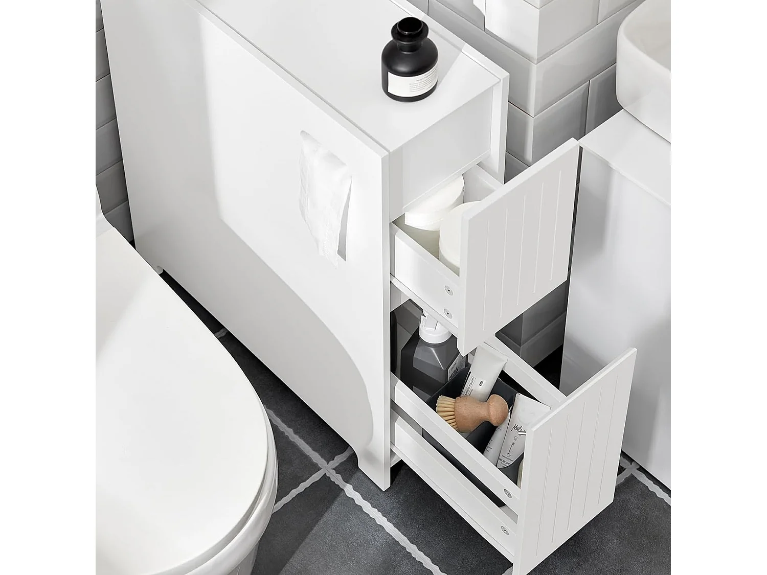 Estantería Estrecha para Nichos para Baño Armario Móvil Multifuncional de Almacenaje Mueble Auxiliar con 2 Cajones y 4 Ruedas 60 x 20 x 75 Blanco BZR111-W SoBuy ES