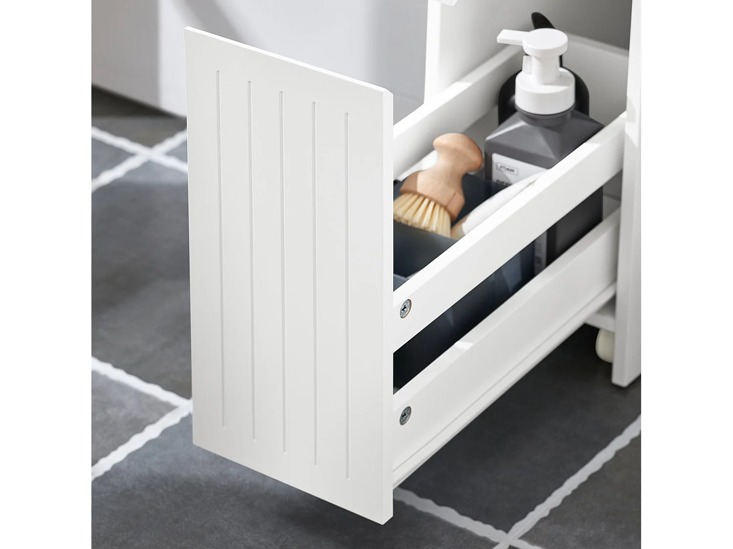 SoBuy BZR111-W Armoire WC Toilettes Compact, sur Support Papier Toilette avec 1 Porte Basculante, 2 Tiroirs et un 1 Compartiment Ouvert